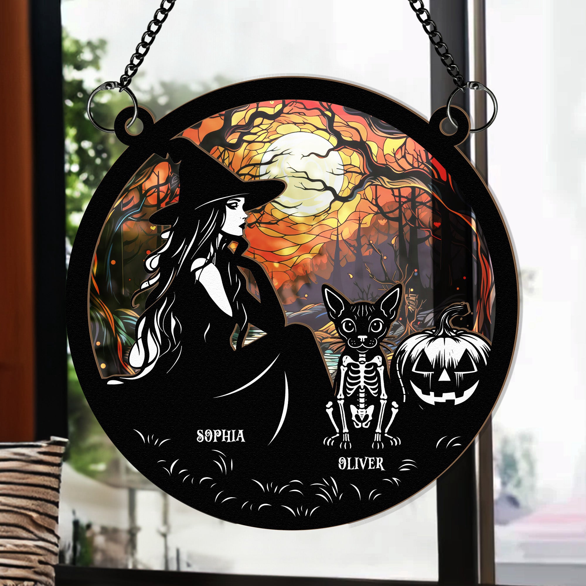 Halloween Witch And Cats Skeleton - Personalized Window Hanging Suncatcher Ornament