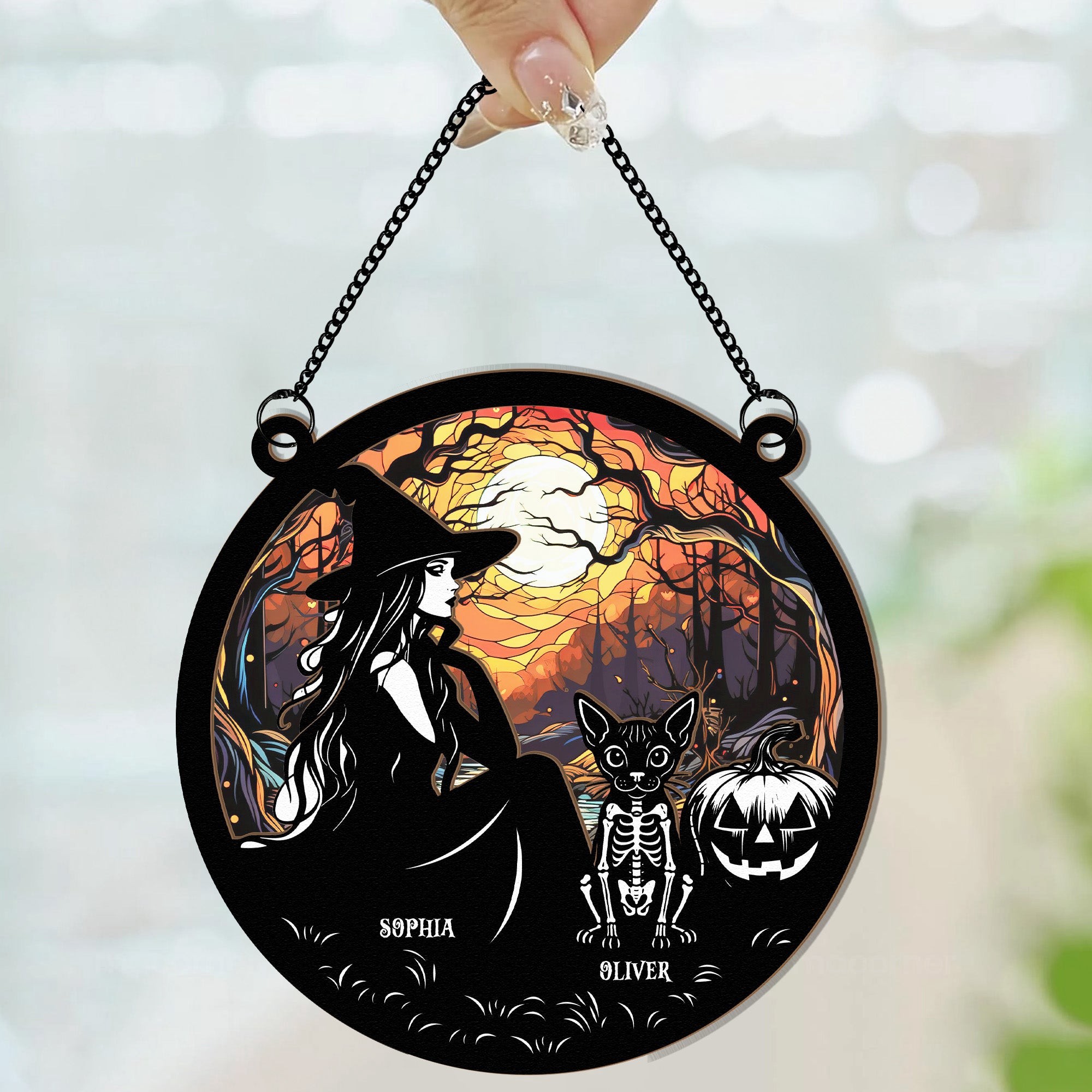 Halloween Witch And Cats Skeleton - Personalized Window Hanging Suncatcher Ornament