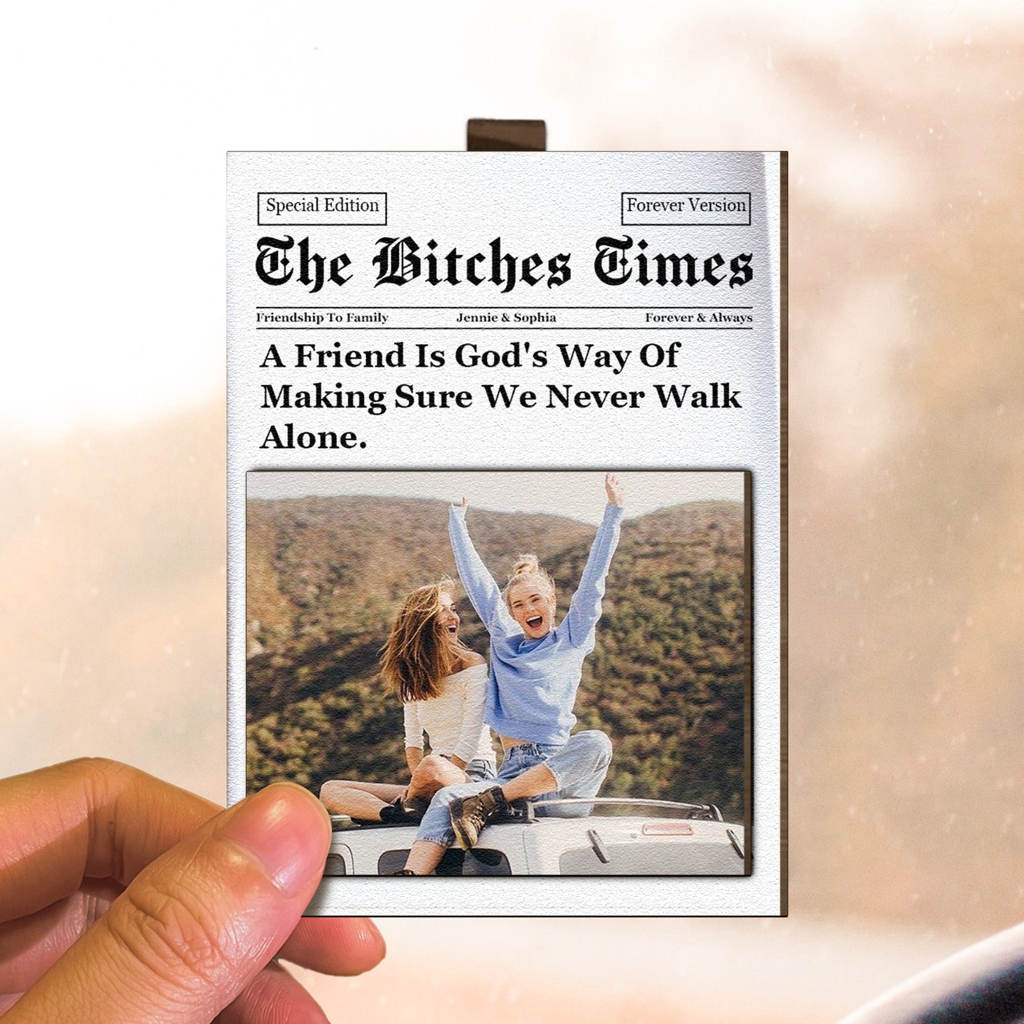 A-Friend-Is-God_s-Way-Of-Making-Sure-We-Never-Walk-Alone-Personalized-Photo-Wooden-Car-Visor-Clip_2