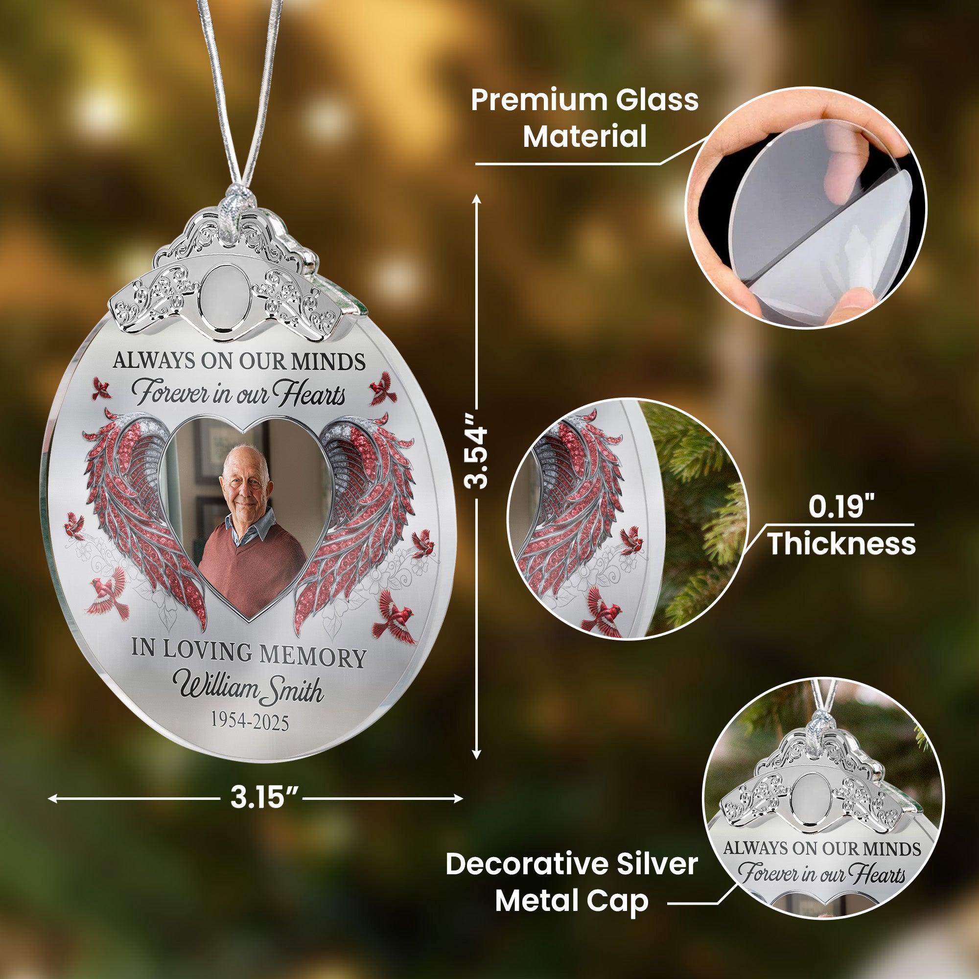Always On Our Minds Forever In Our Hearts - Personalized Glass Photo Ornament With Silver Cap