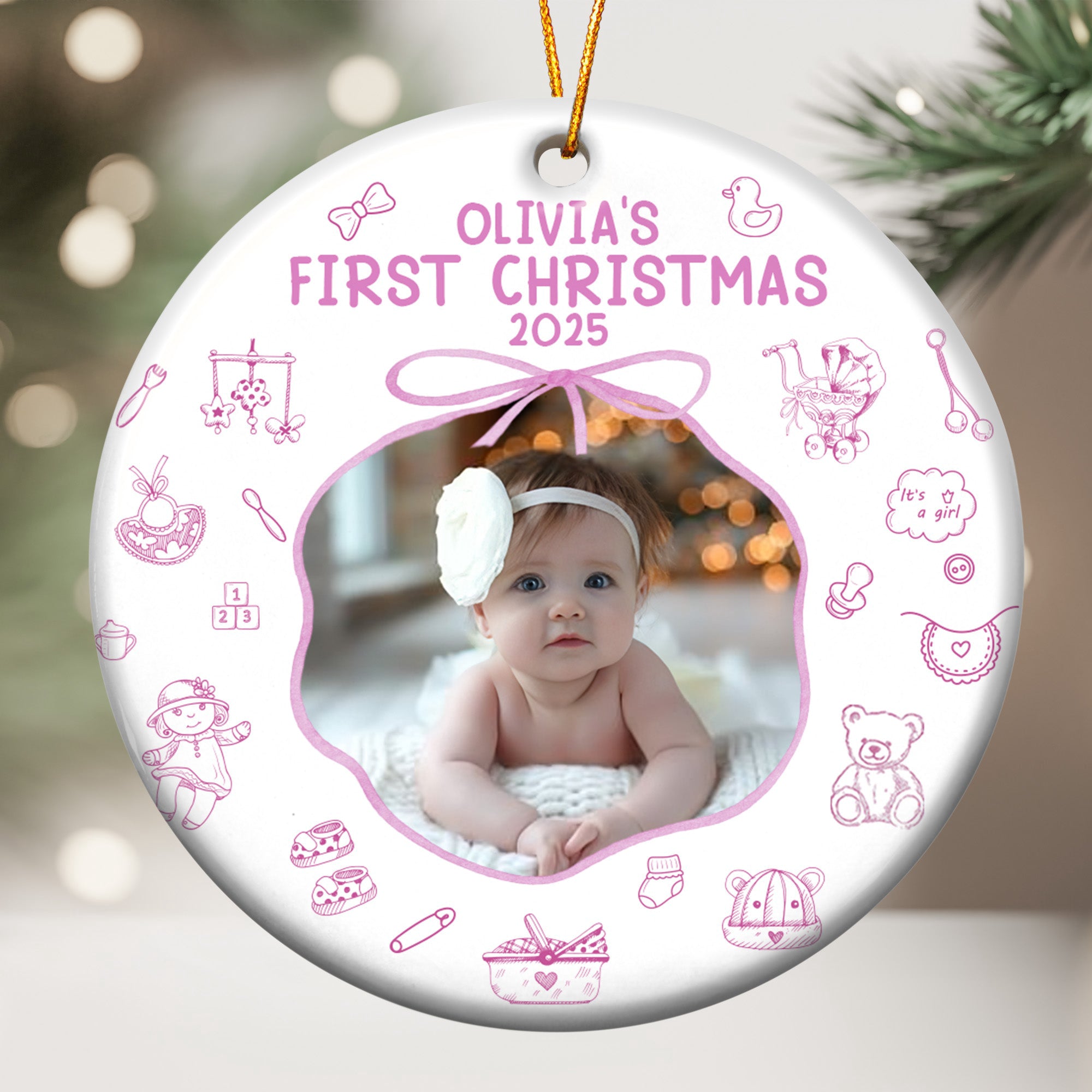 Baby First Christmas Toile De Jouy - Personalized Ceramic Photo Ornament