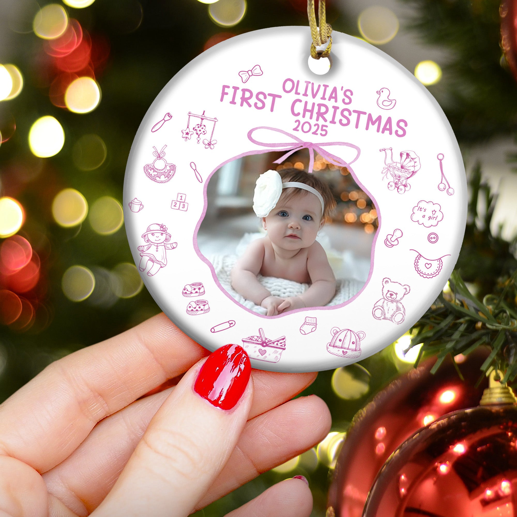 Baby First Christmas Toile De Jouy - Personalized Ceramic Photo Ornament