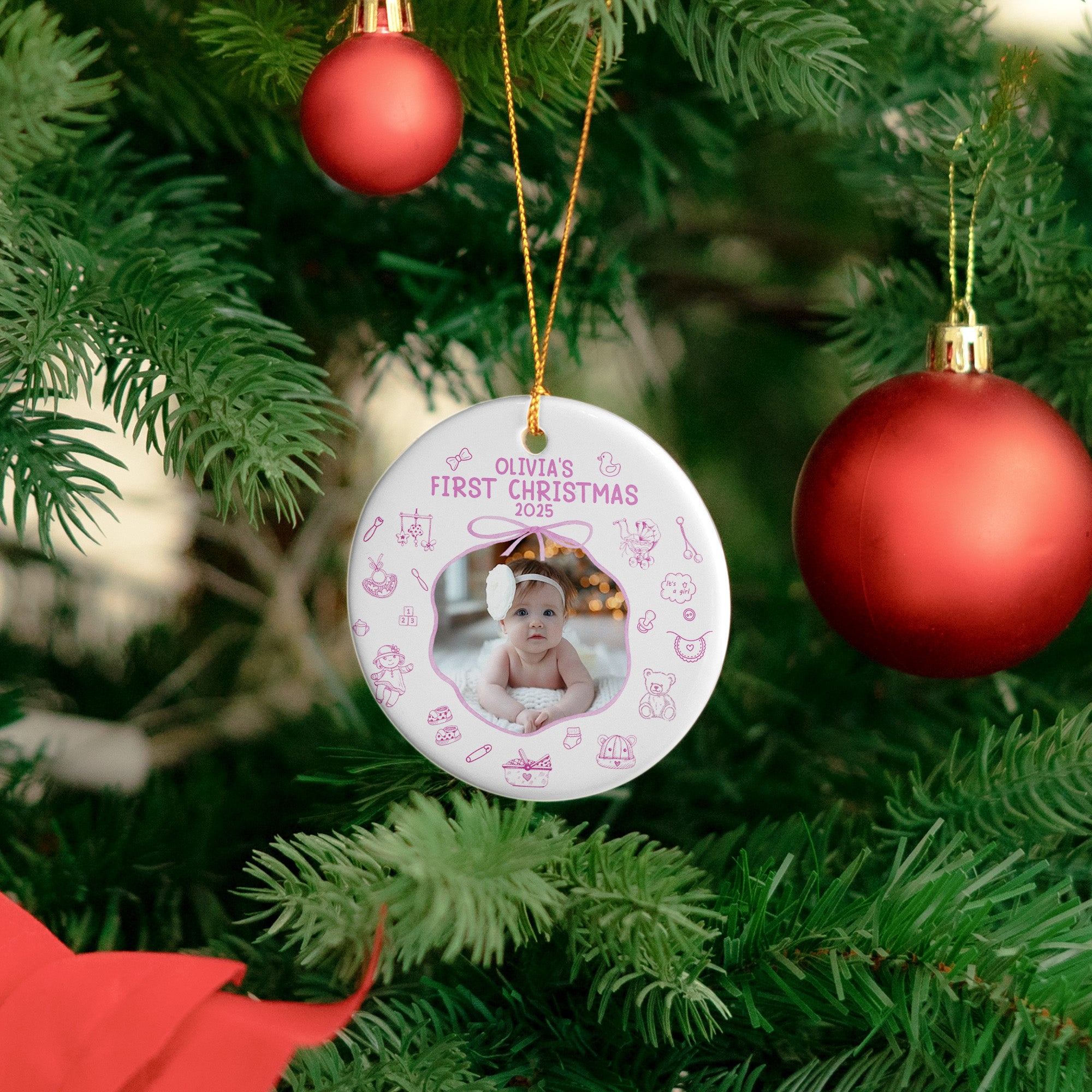 Baby First Christmas Toile De Jouy - Personalized Ceramic Photo Ornament