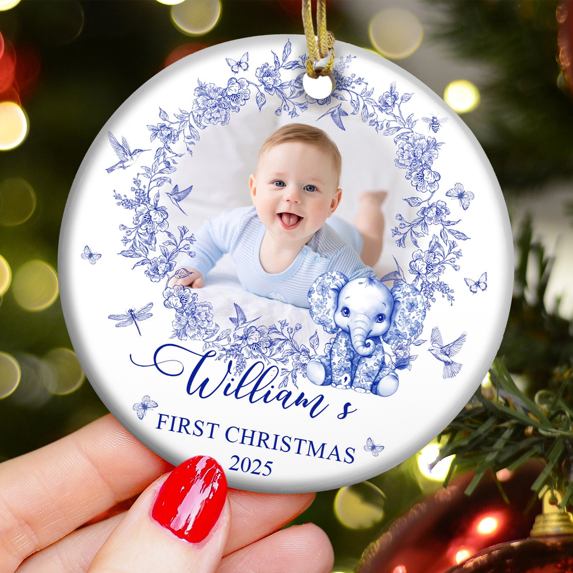 Baby's First Christmas For Baby Girl, Baby Boy Toile De Jouy - Personalized Ceramic Photo Ornament