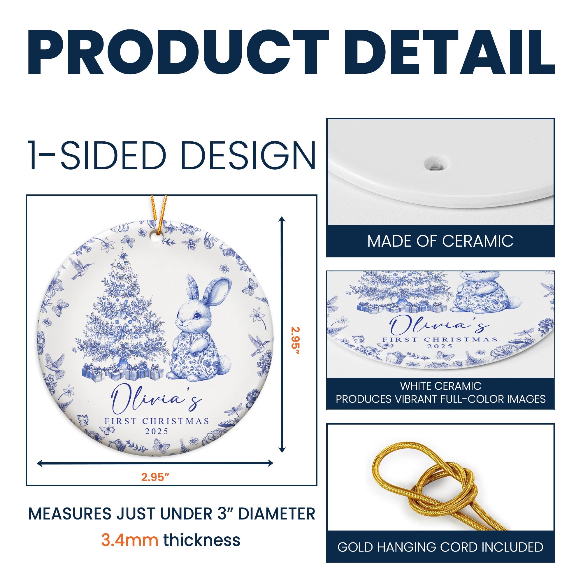Baby's First Christmas Toile De Jouy - Personalized Ceramic Ornament