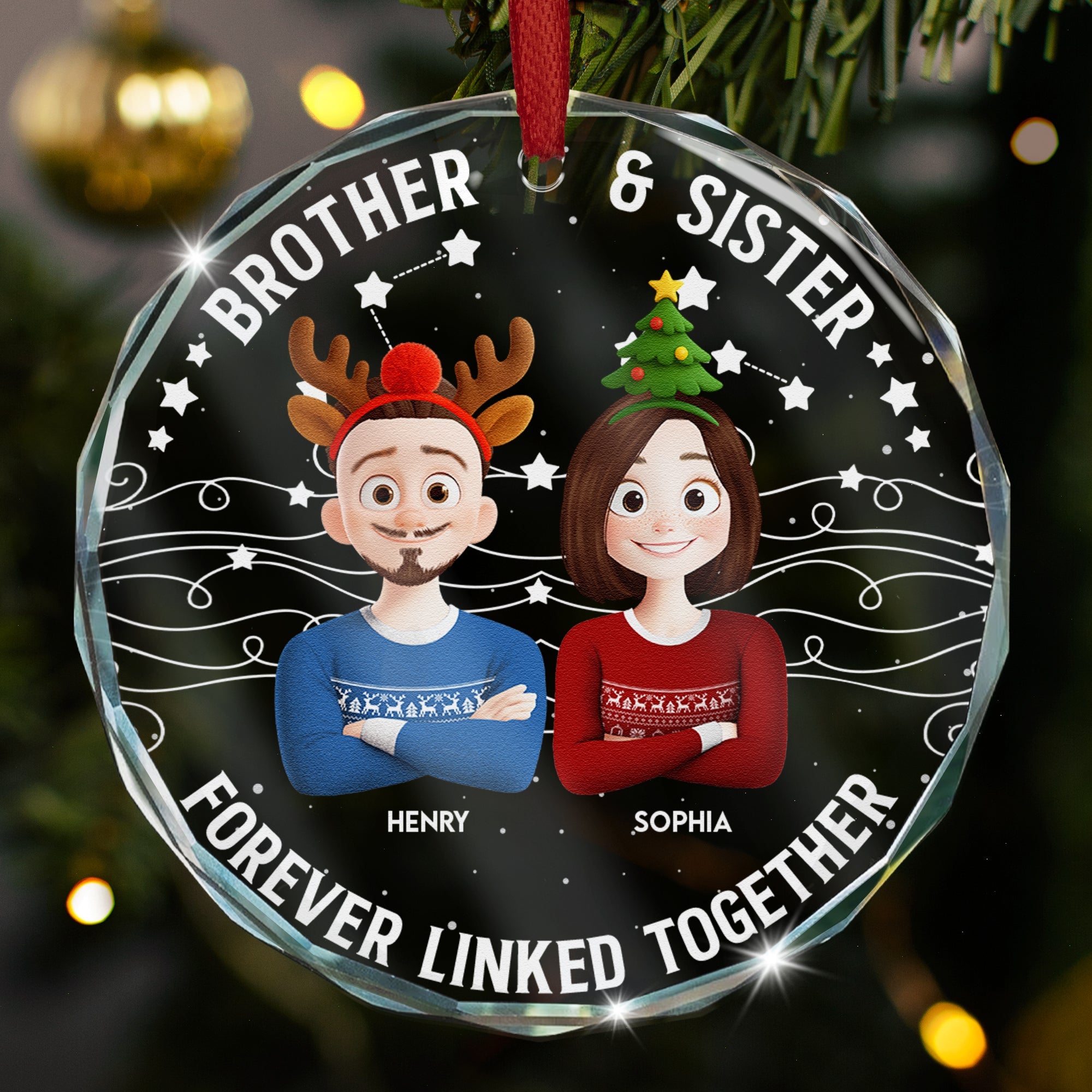 Brother & Sister Forever Linked Together - Personalized Glass Ornament