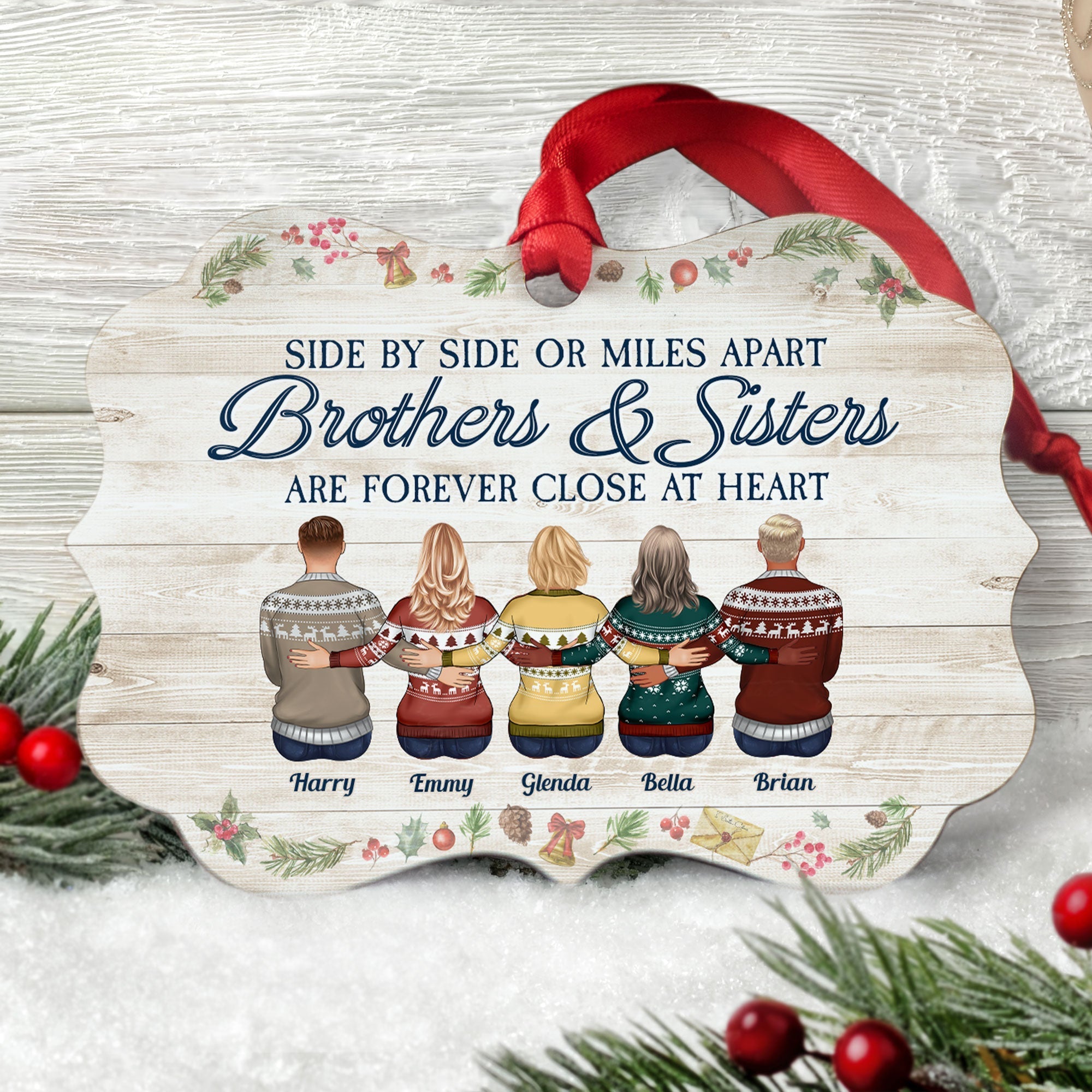 Brothers & Sisters Are Forever Close At Heart - Personalized Aluminum Ornament - Christmas Gift Family Ornament For Dad, Mom, Brothers, Sisters - Family Hugging