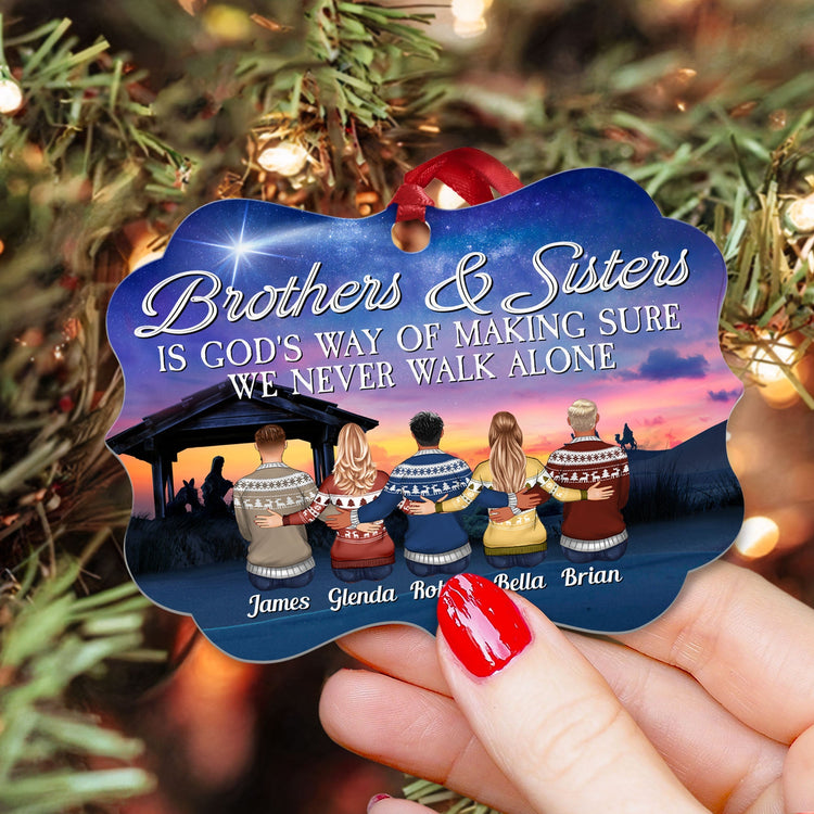 Brothers & Sisters Are God Way Of Making Sure We Never Walk Alone - Personalized Aluminum Ornament - Christmas Gift For Brothers & Sister, Cousins - Family Hugging