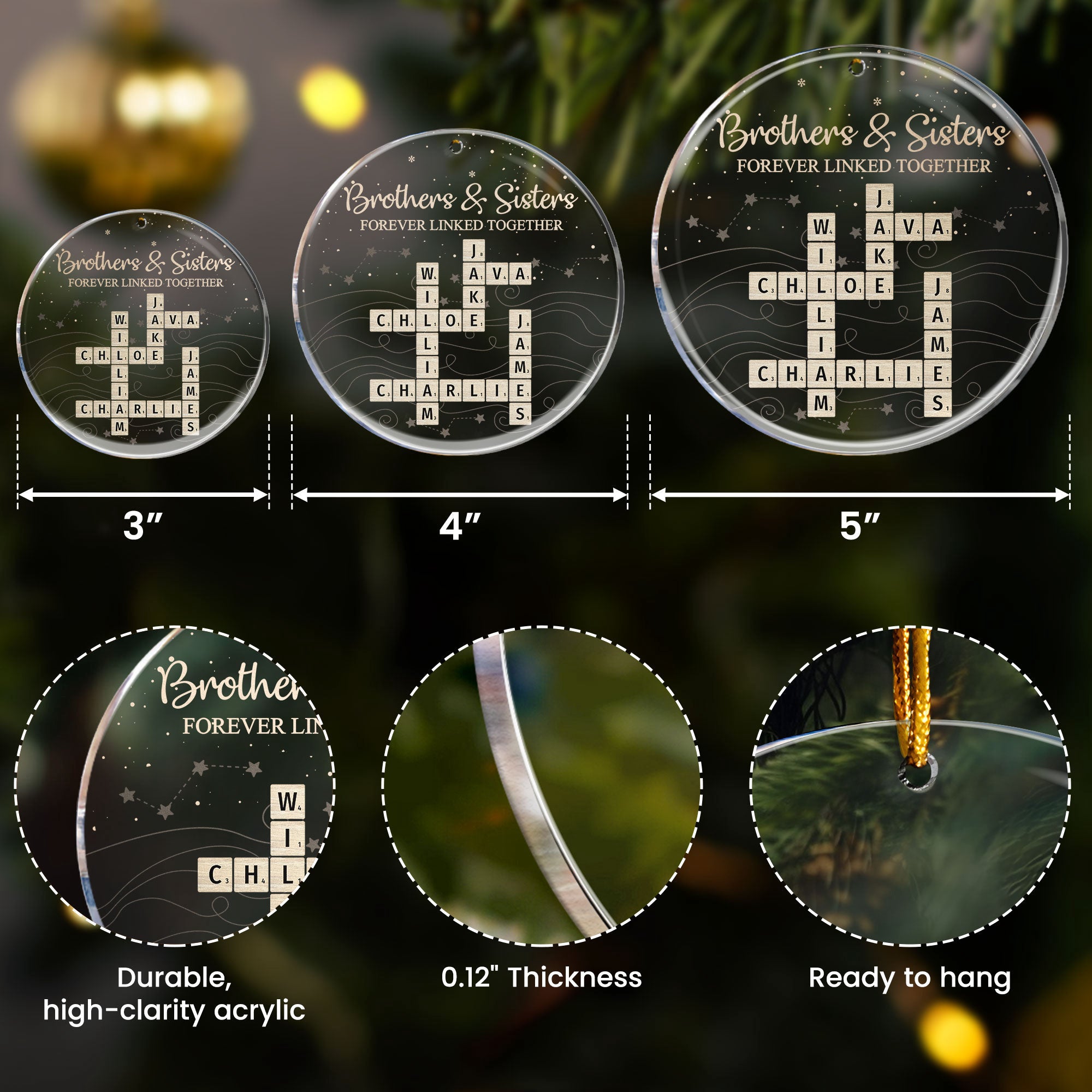 Brothers & Sisters Forever Linked Together Scrabble 2025 Christmas Ornament - Personalized Acrylic Ornament