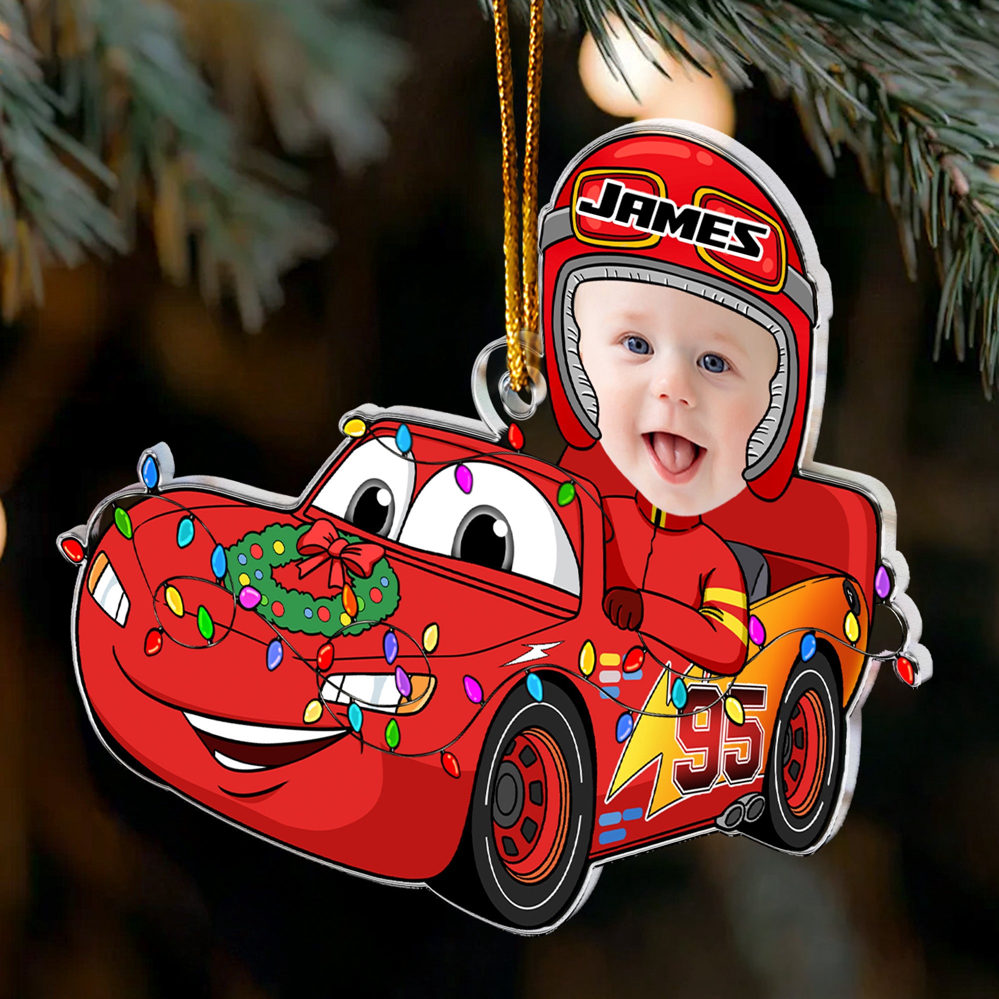 Cartoon Car Christmas Ornament For Kid - Personalized Acrylic Photo Ornament