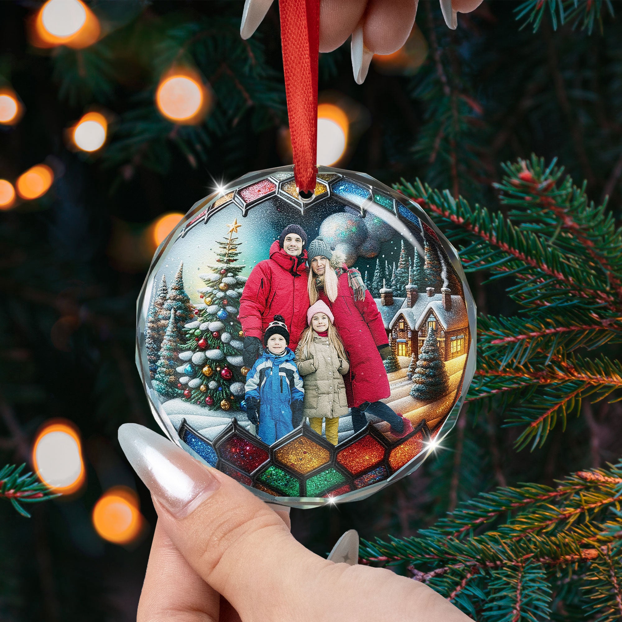 Custom Family Photo Shining Christmas Ball - Personalized Photo Glass Ornament