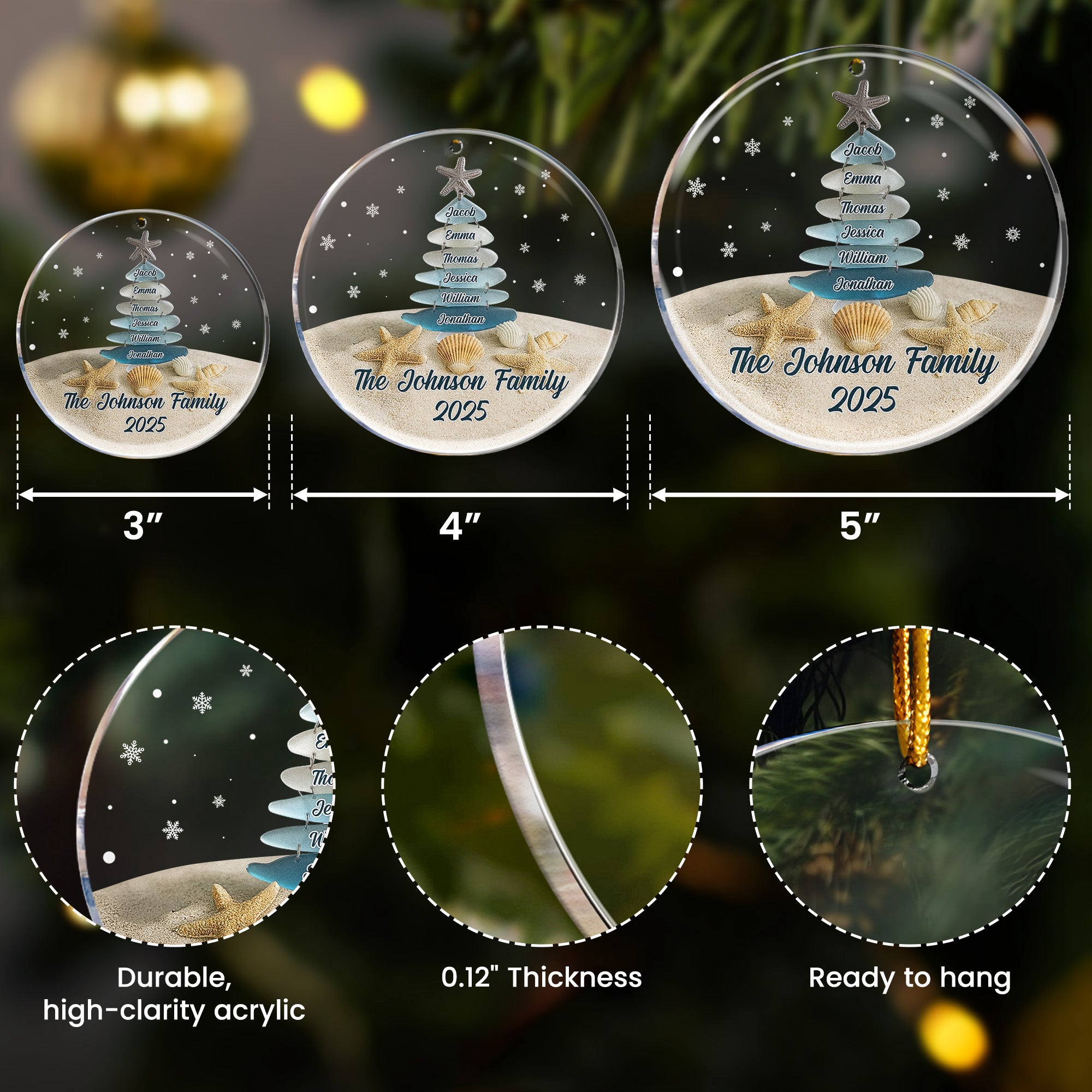 Custom Name With Sea Glass Family Tree Christmas - Personalized Acrylic Ornament