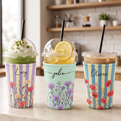 Custom Birth Flower & Name For Her, Gift For Friends, Coworkers, Daughters, Sisters - Personalized Iced Coffee Sleeve