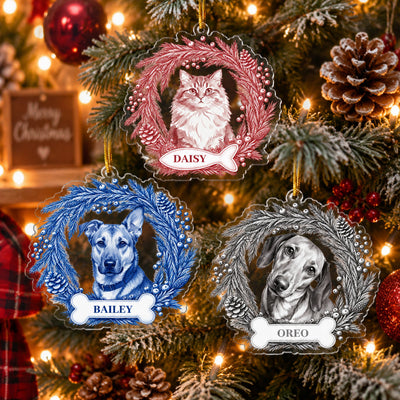 Custom Photo Pet Portrait Christmas Memorial, Dog Cat Christmas Photo, Pet Watercolor Portrait, Custom Pet Name Gift - Personalized Ornament