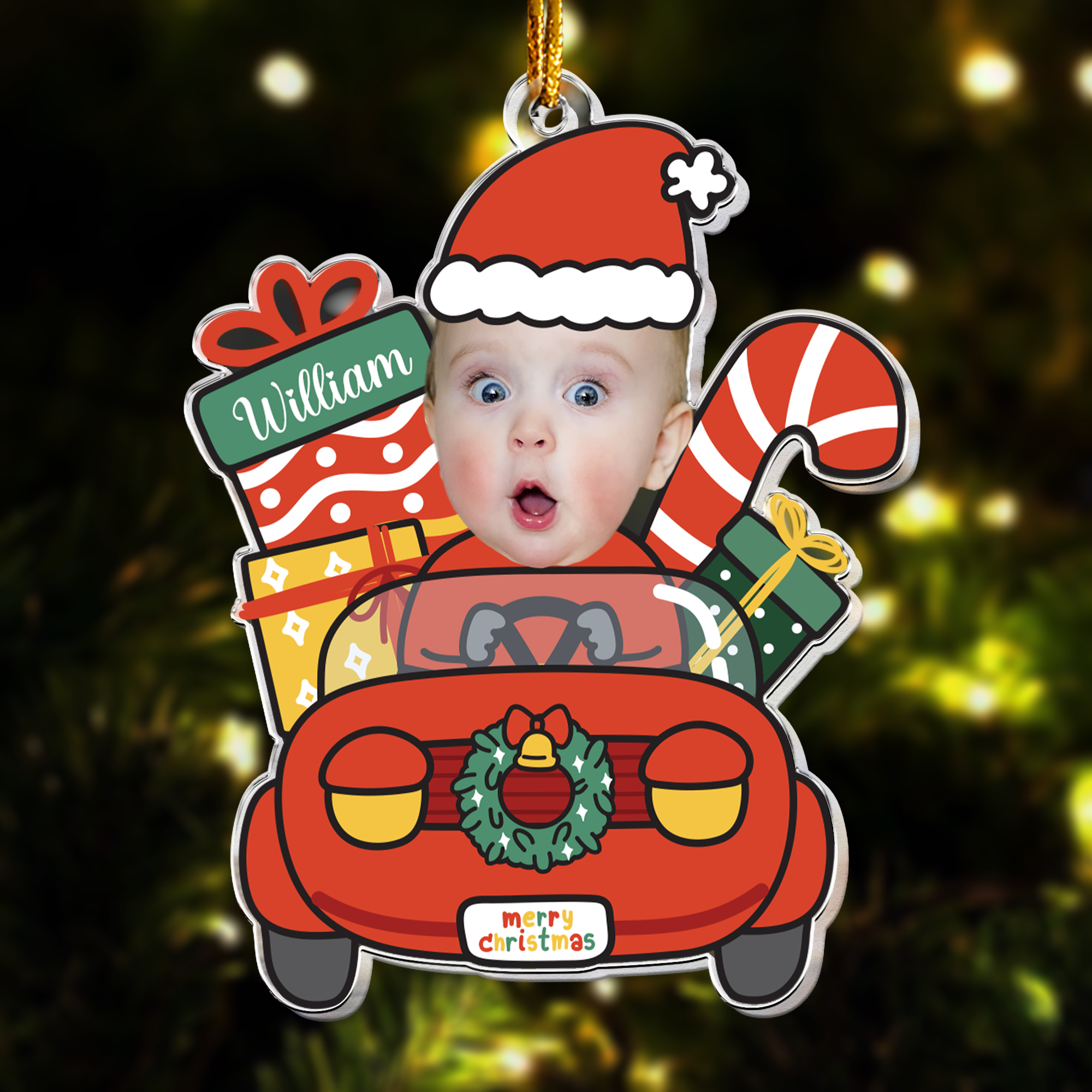 Cute Baby Santa Claus Drive Christmas Car - Personalized Acrylic Photo Ornament