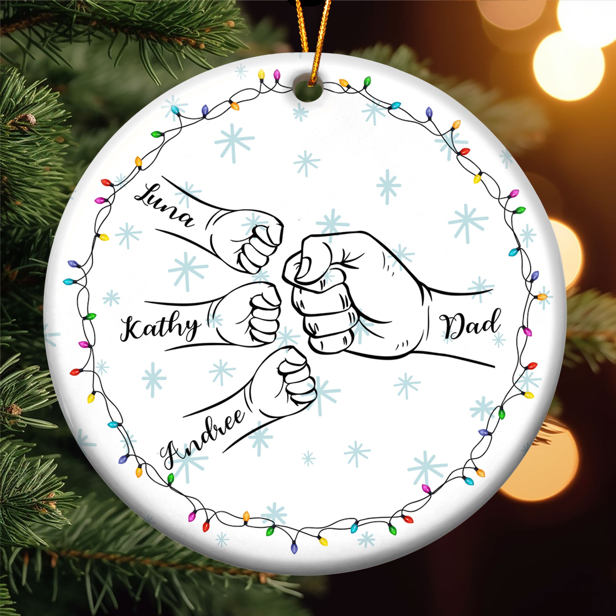 Dad Hand Bump Kid Name Christmas Light - Personalized Ceramic Ornament