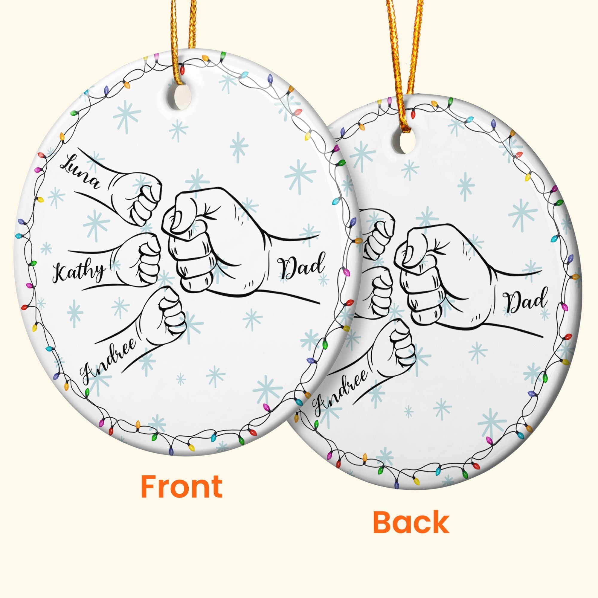 Dad Hand Bump Kid Name Christmas Light - Personalized Ceramic Ornament