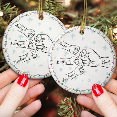 Dad Hand Bump Kid Name Christmas Light - Personalized Ceramic Ornament