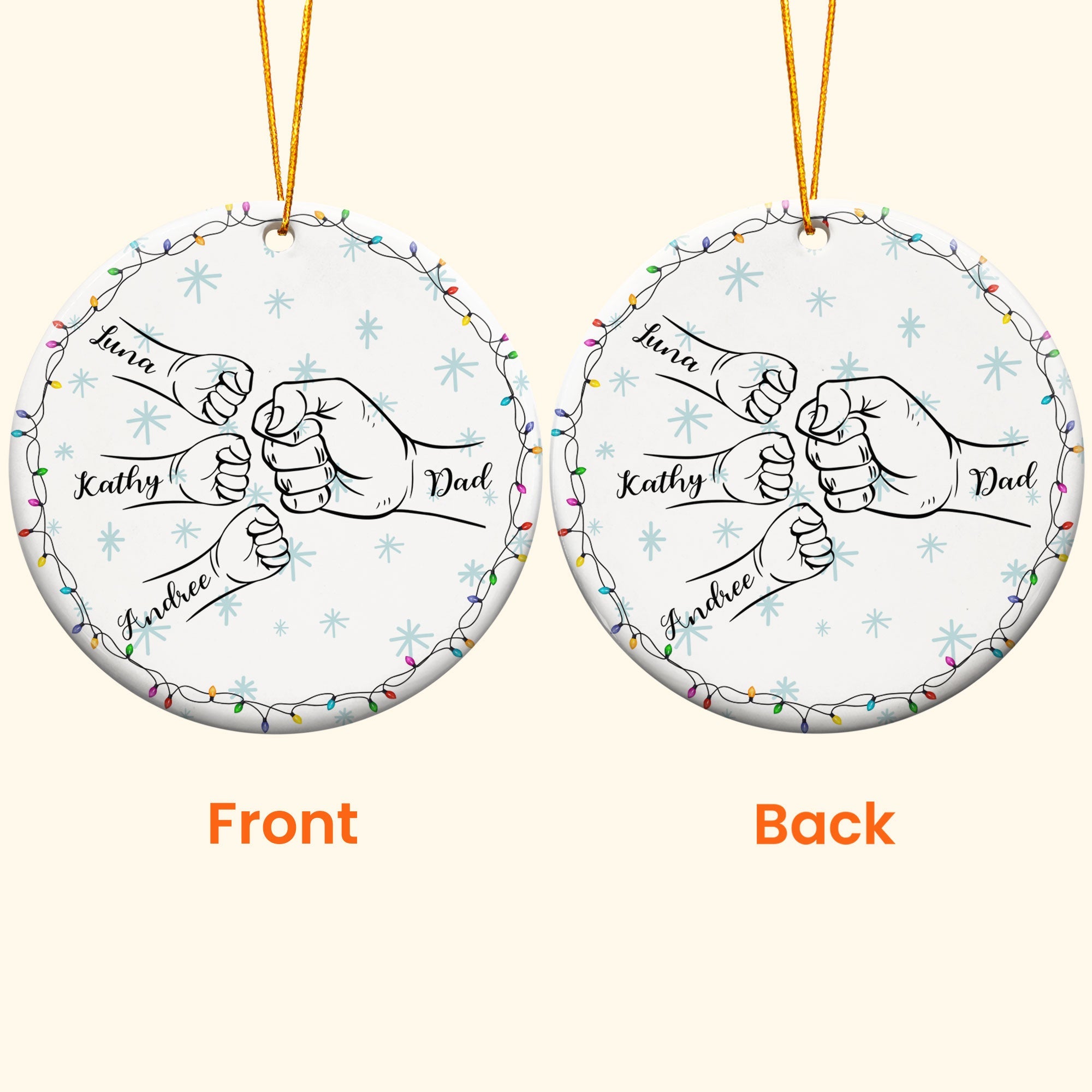 Dad Hand Bump Kid Name Christmas Light - Personalized Ceramic Ornament