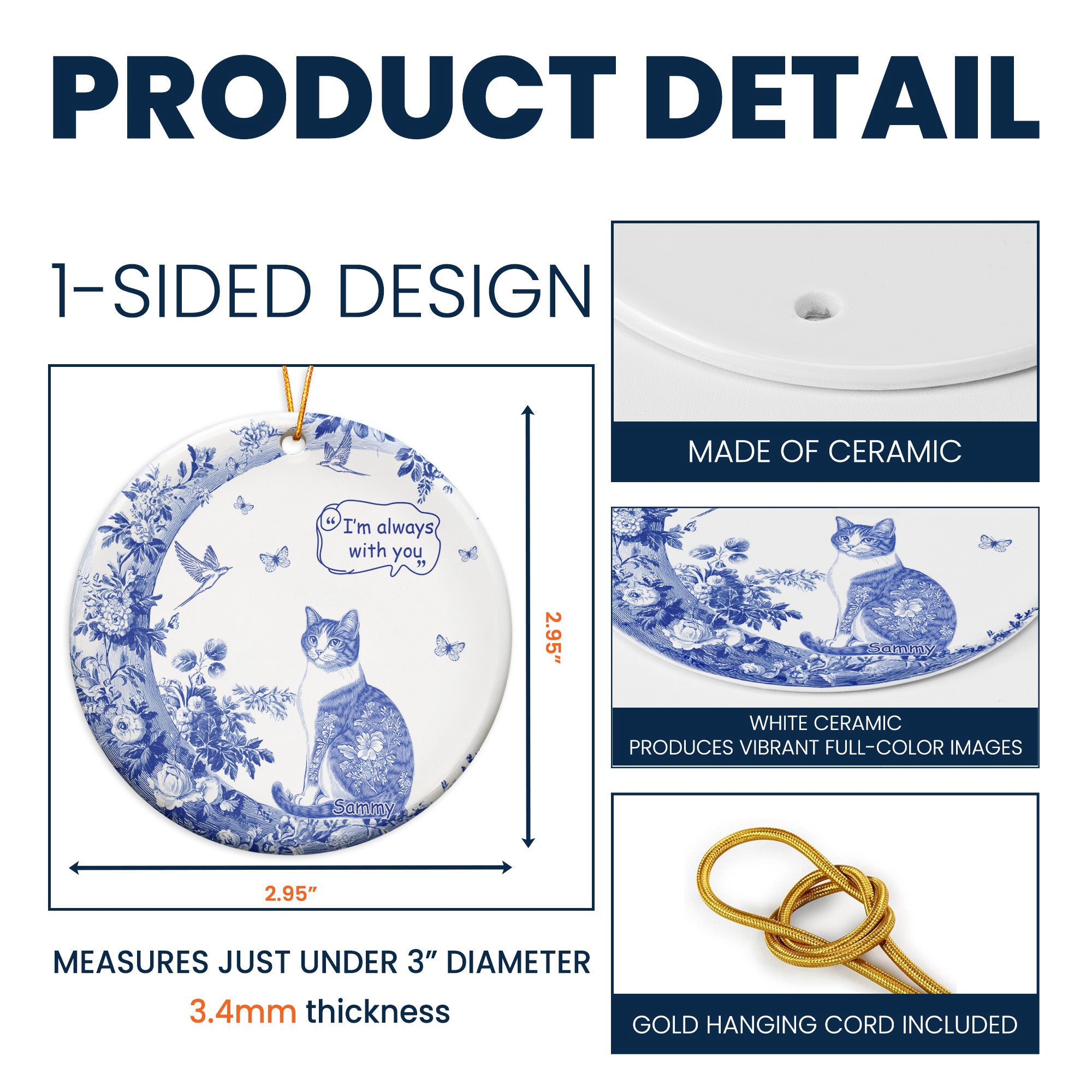 Dog Cat Pet I'm Always With You Toile De Jouy - Personalized Ceramic Ornament