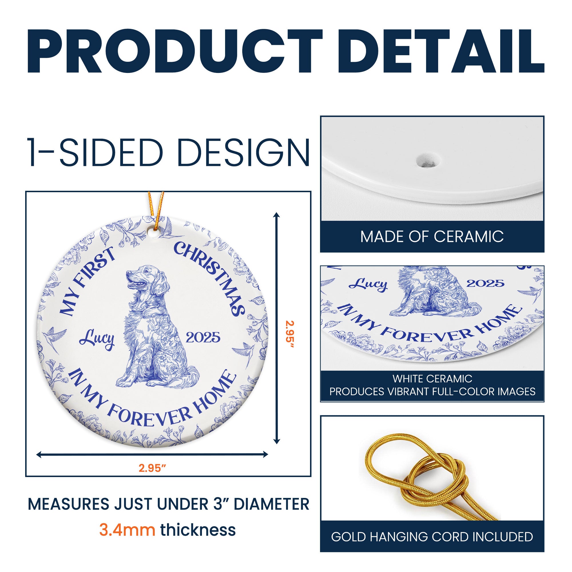 Dog's 1st Christmas, Cat's First Christmas, Toile De Jouy - Personalized Ceramic Ornament