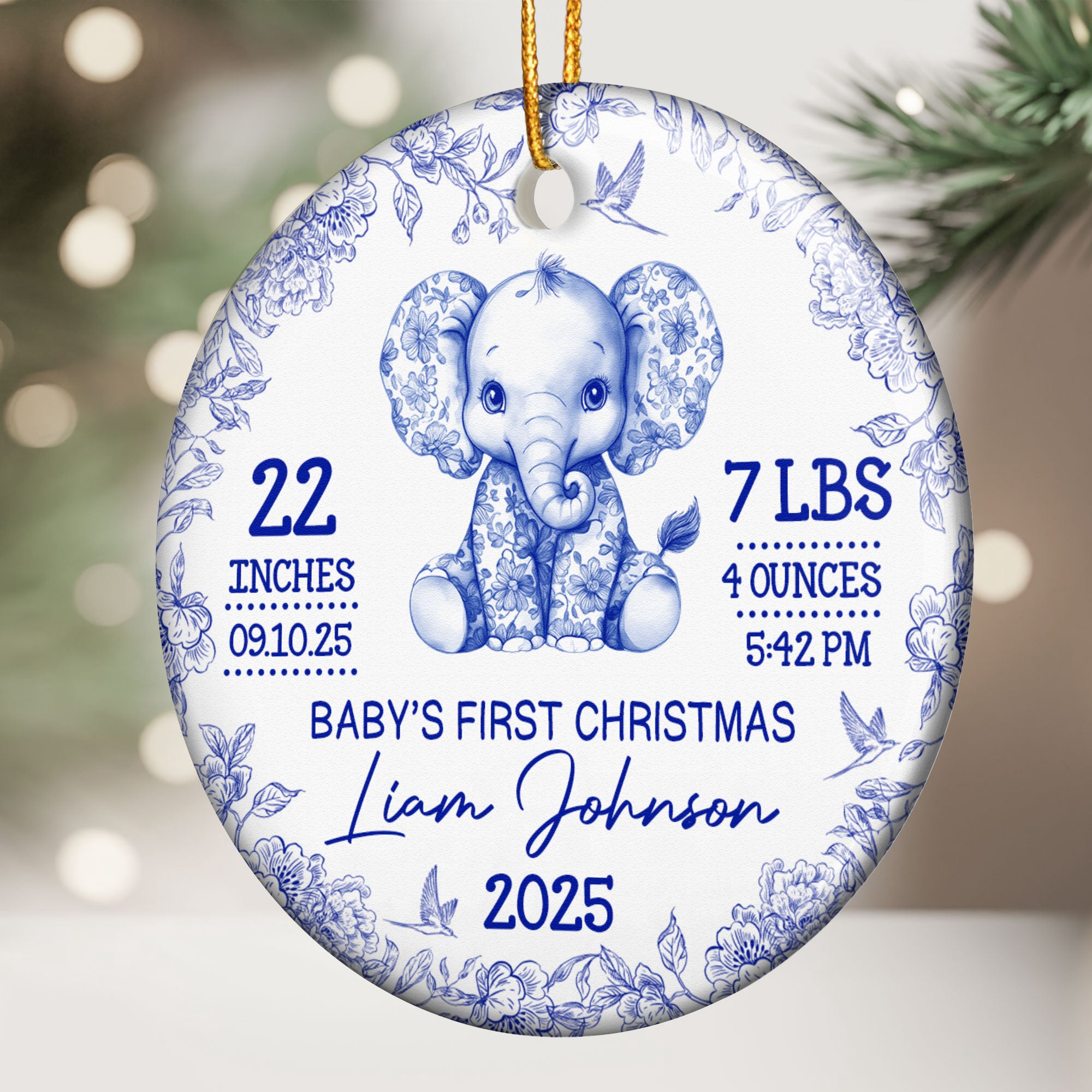 Elephant Baby First Christmas Toile Style - Personalized Ceramic Ornament