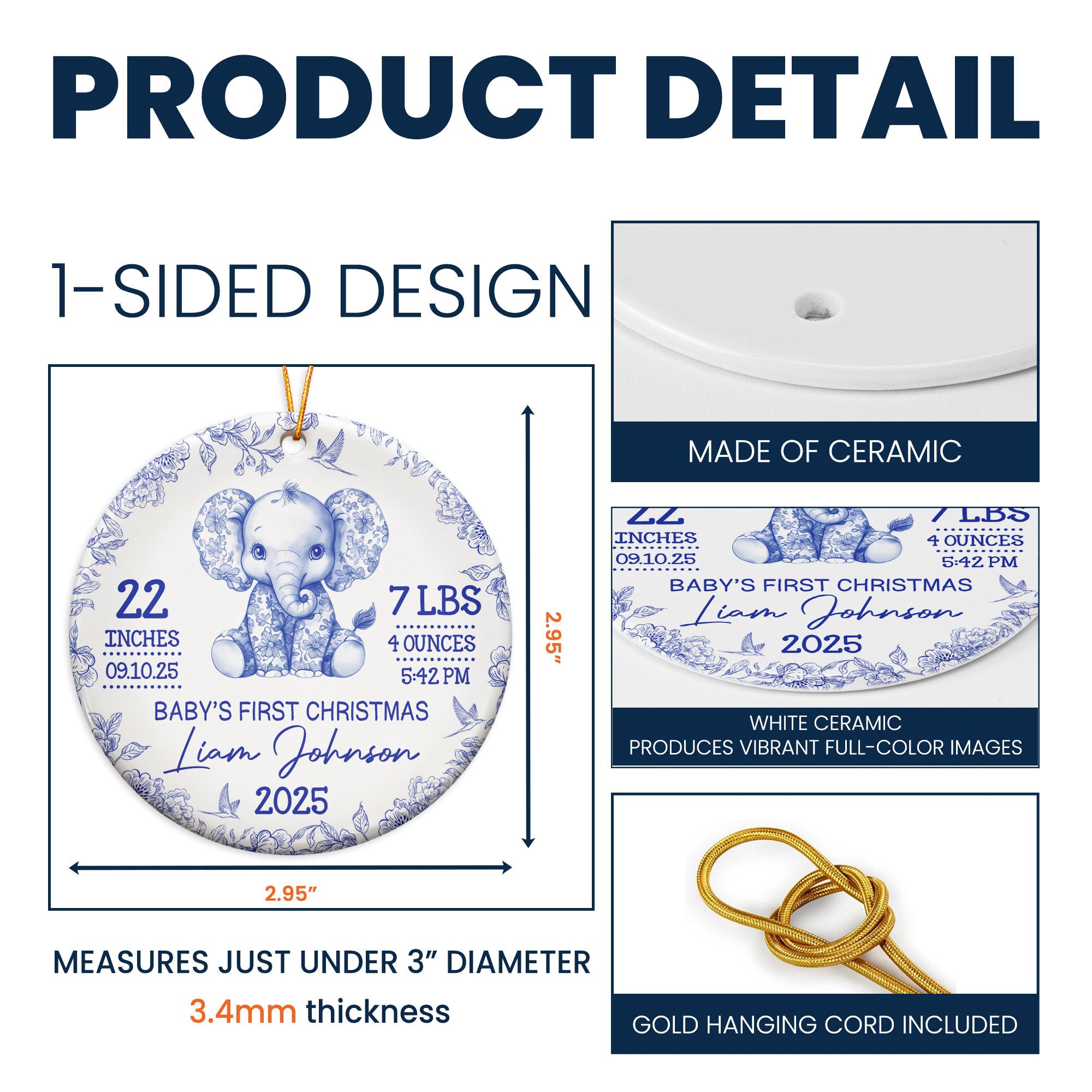 Elephant Baby First Christmas Toile Style - Personalized Ceramic Ornament