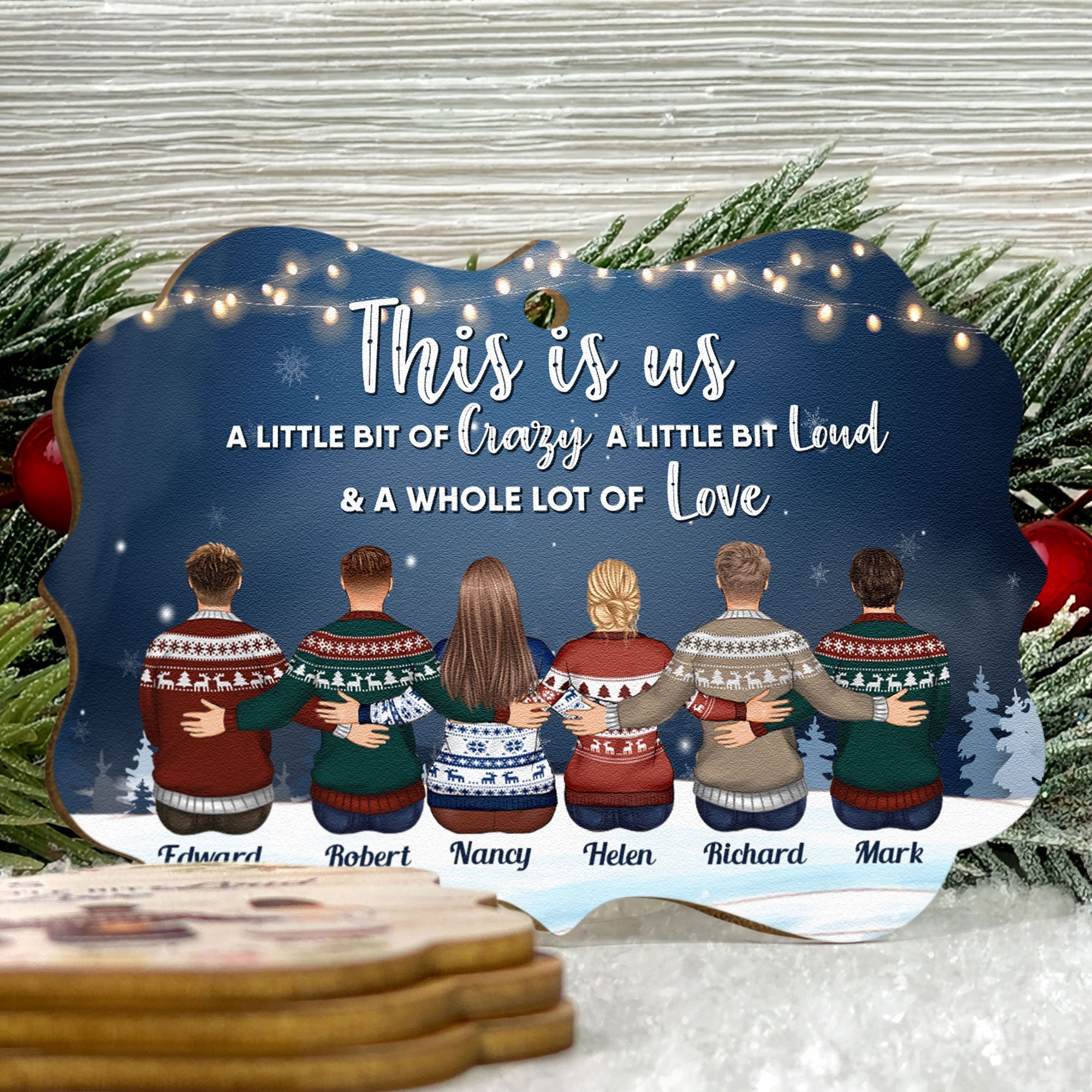 Family Connected By Heart - Personalized Wooden/Aluminum Ornament - Family Hugging