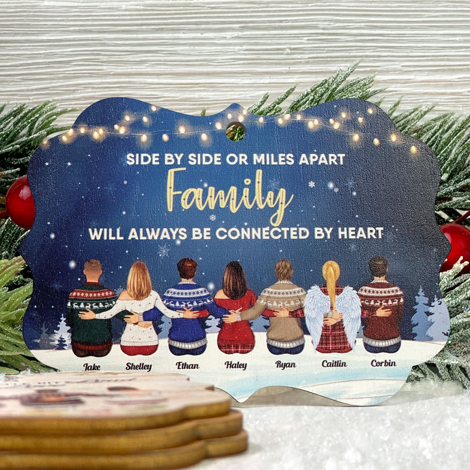 Family Connected By Heart - Personalized Wooden/Aluminum Ornament - Family Hugging