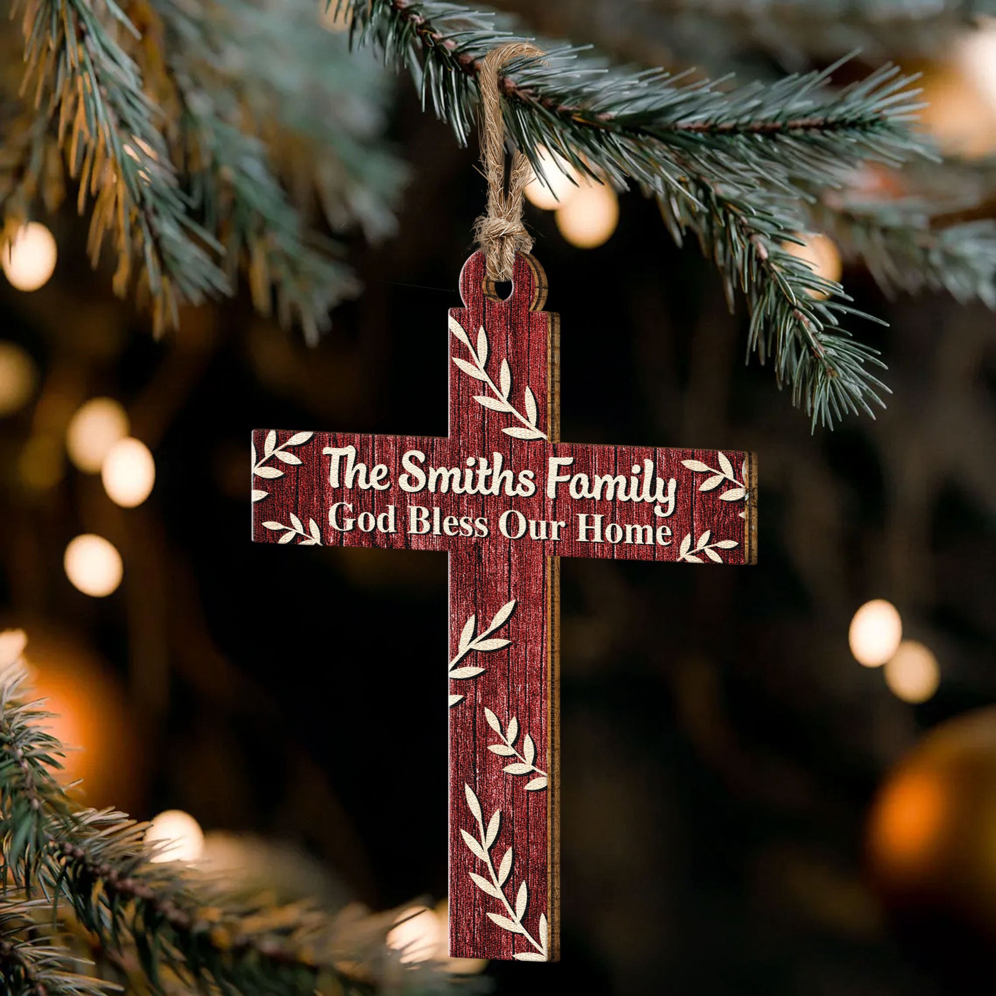 Family Cross, God Bless Our Home - Personalized Wooden Ornament