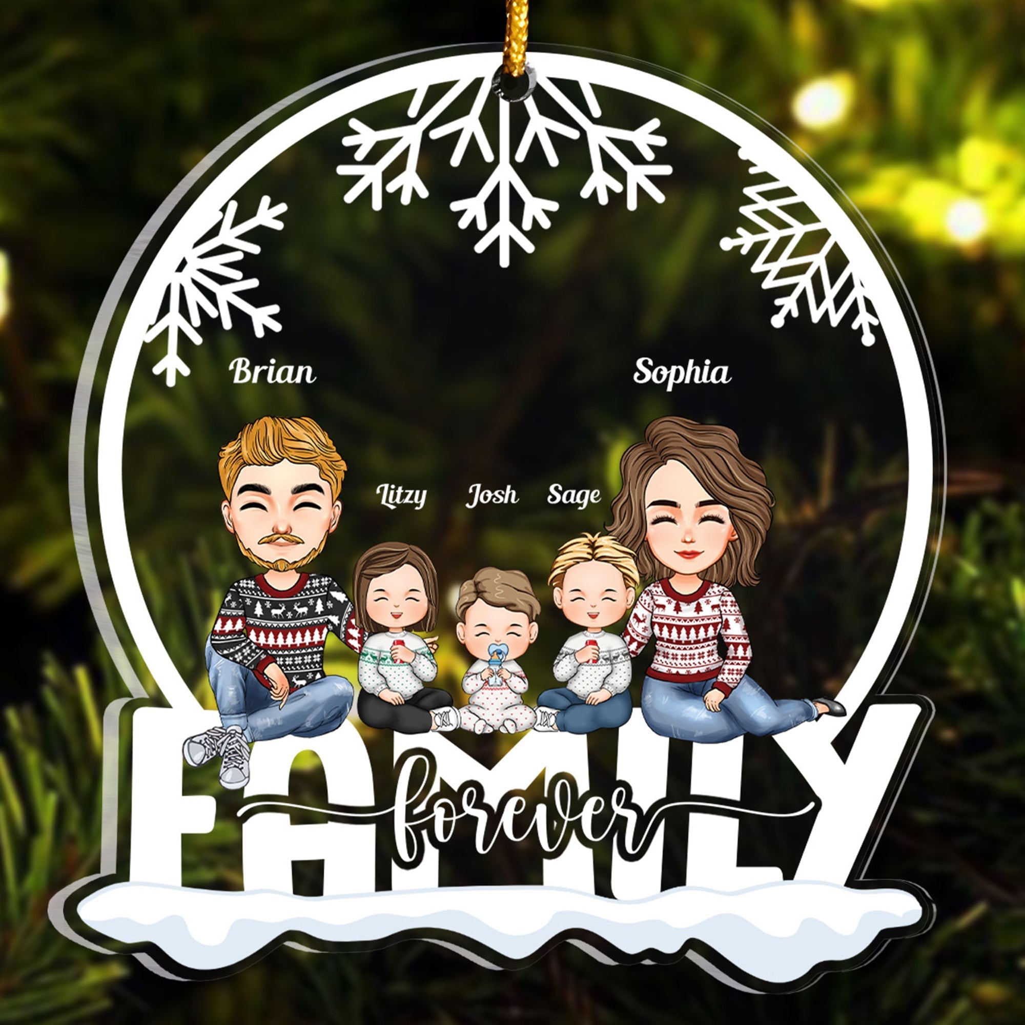 Family Forever - Cartoon Family - Personalized Snow Globe Shaped Acrylic Ornament