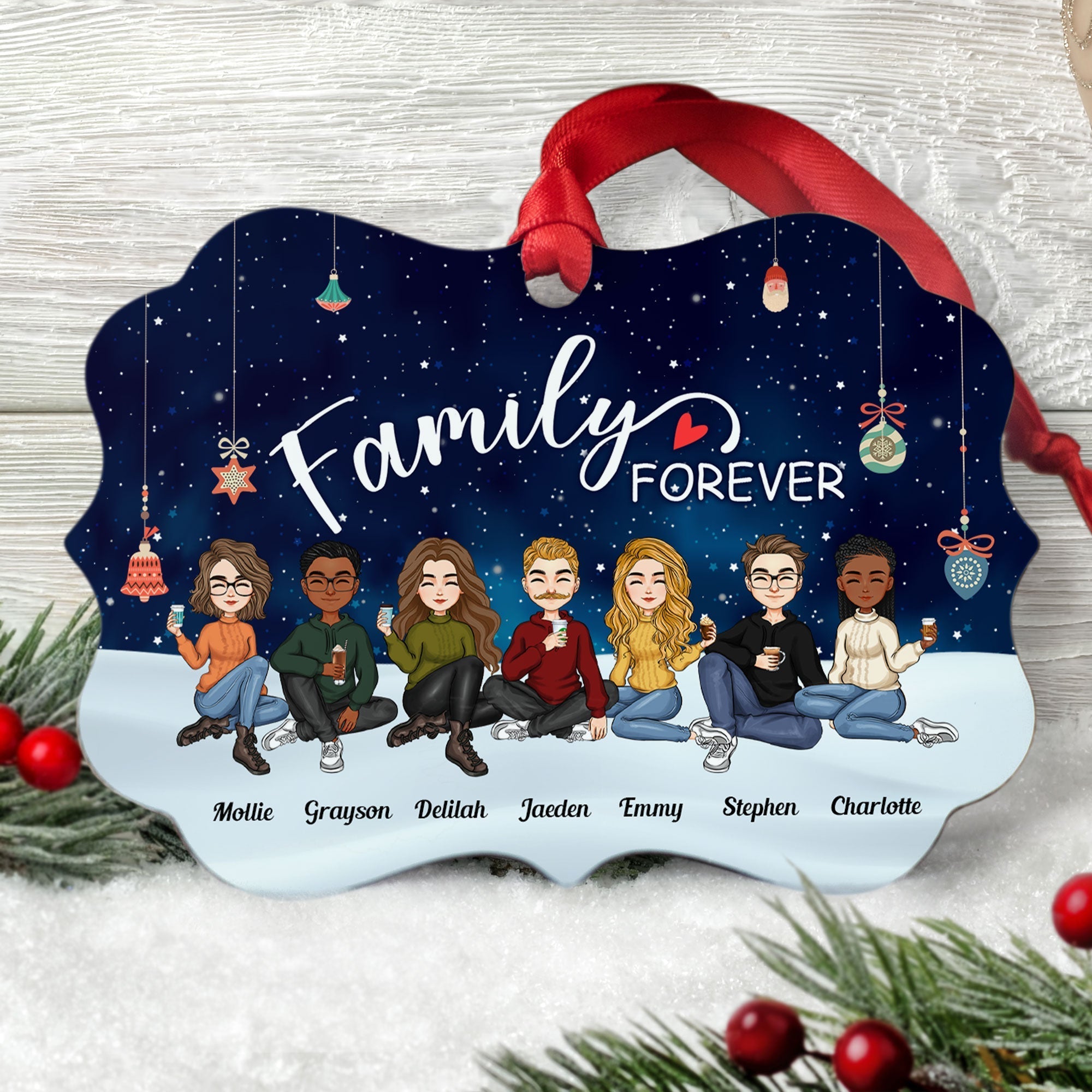Family Forever - Christmas Eve - Personalized Aluminum/Wooden Ornament - Christmas Gift For Family, Sisters, Brothers, Siblings