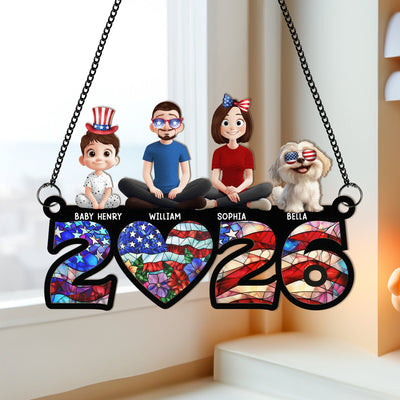 Family Sitting Happy Birthday USA - Personalized Window Hanging Suncatcher Ornament