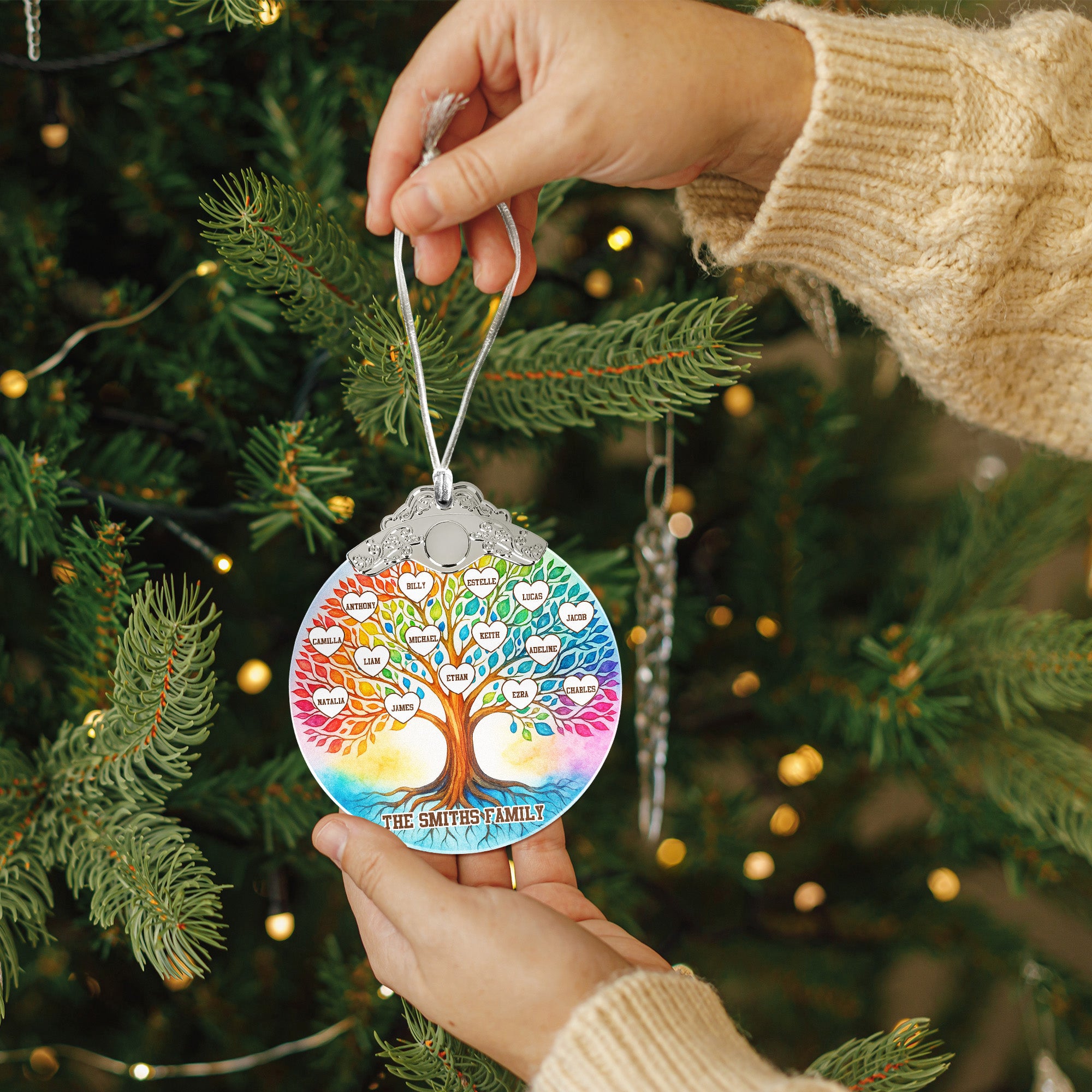 Family Tree Of Life Custom With Names - Personalized Glass Ornament With Silver Cap