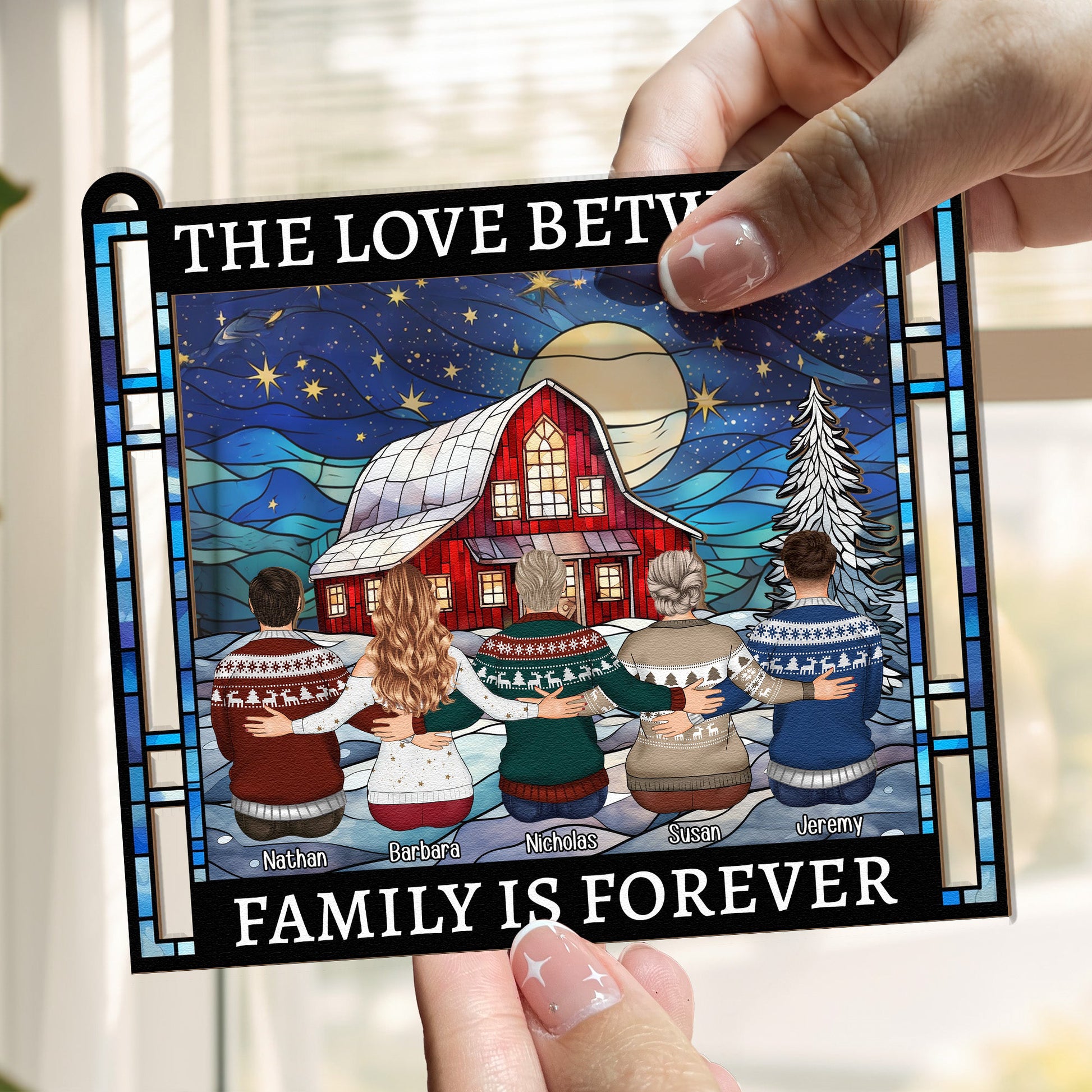 Family_-Friends-Sitting-Together-Christmas-Red-Barn-Personalized-Suncatcher-Window-Hanging-Ornament_6