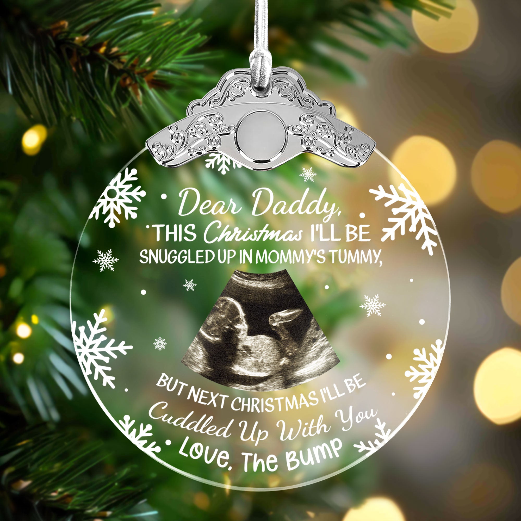 First Christmas Baby Bump Custom Ultrasound - Personalized Glass Photo Ornament With Silver Cap