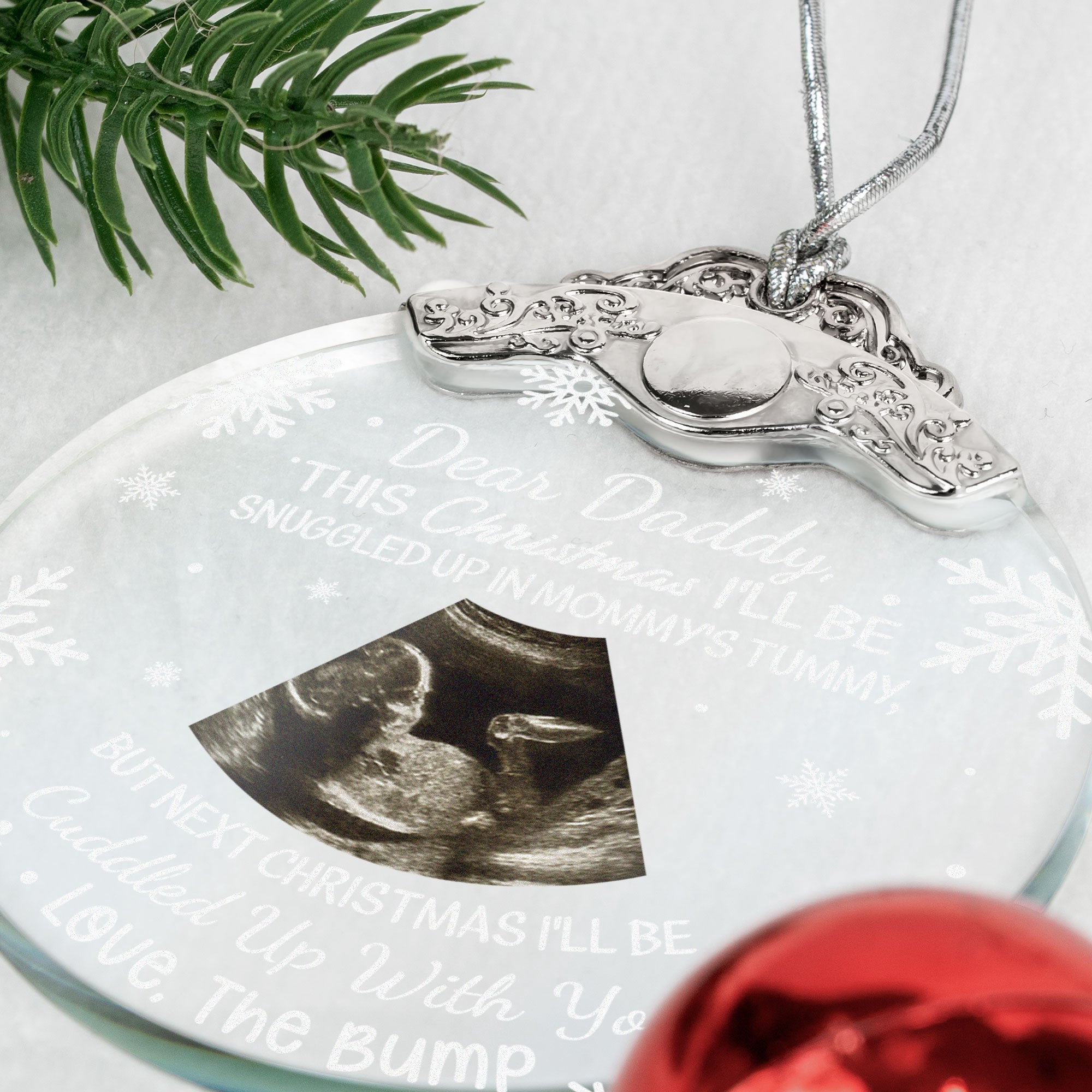 First Christmas Baby Bump Custom Ultrasound - Personalized Glass Photo Ornament With Silver Cap