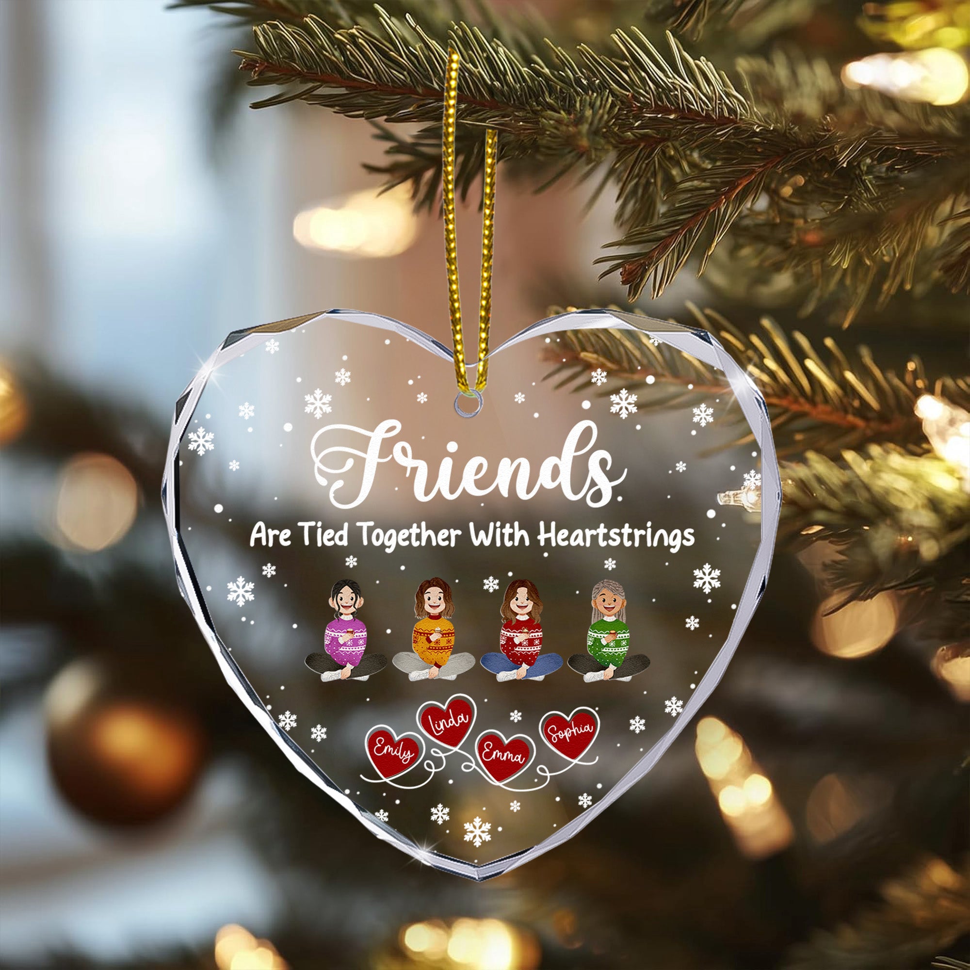 Friends Sisters Tied Together With Heartstrings - Personalized Heart Glass Ornament