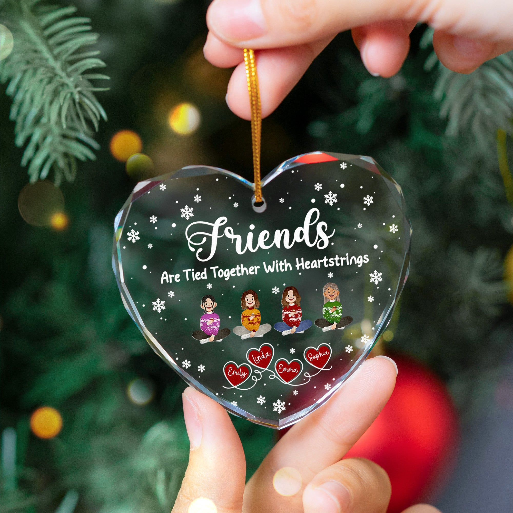 Friends Sisters Tied Together With Heartstrings - Personalized Heart Glass Ornament