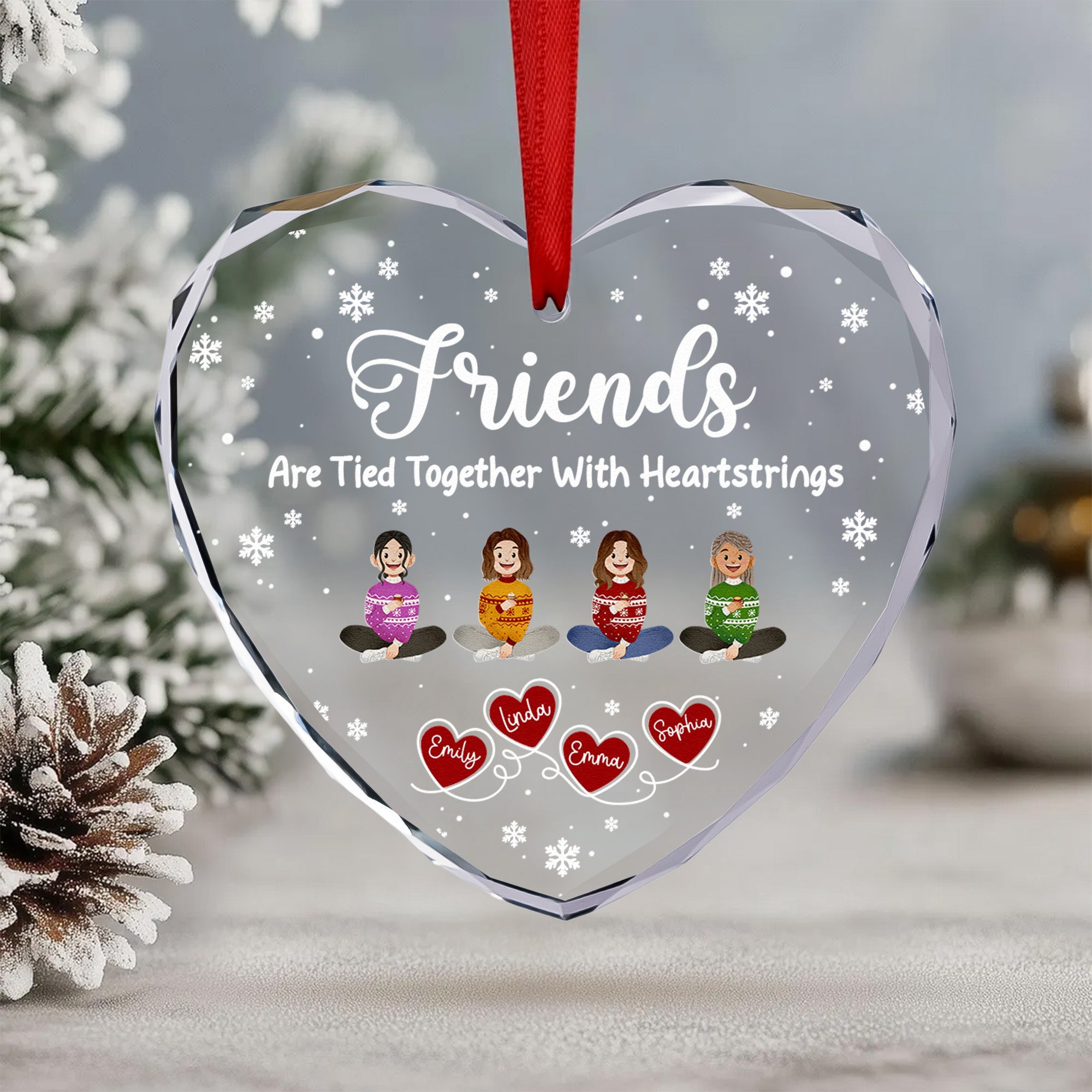 Friends Sisters Tied Together With Heartstrings - Personalized Heart Glass Ornament