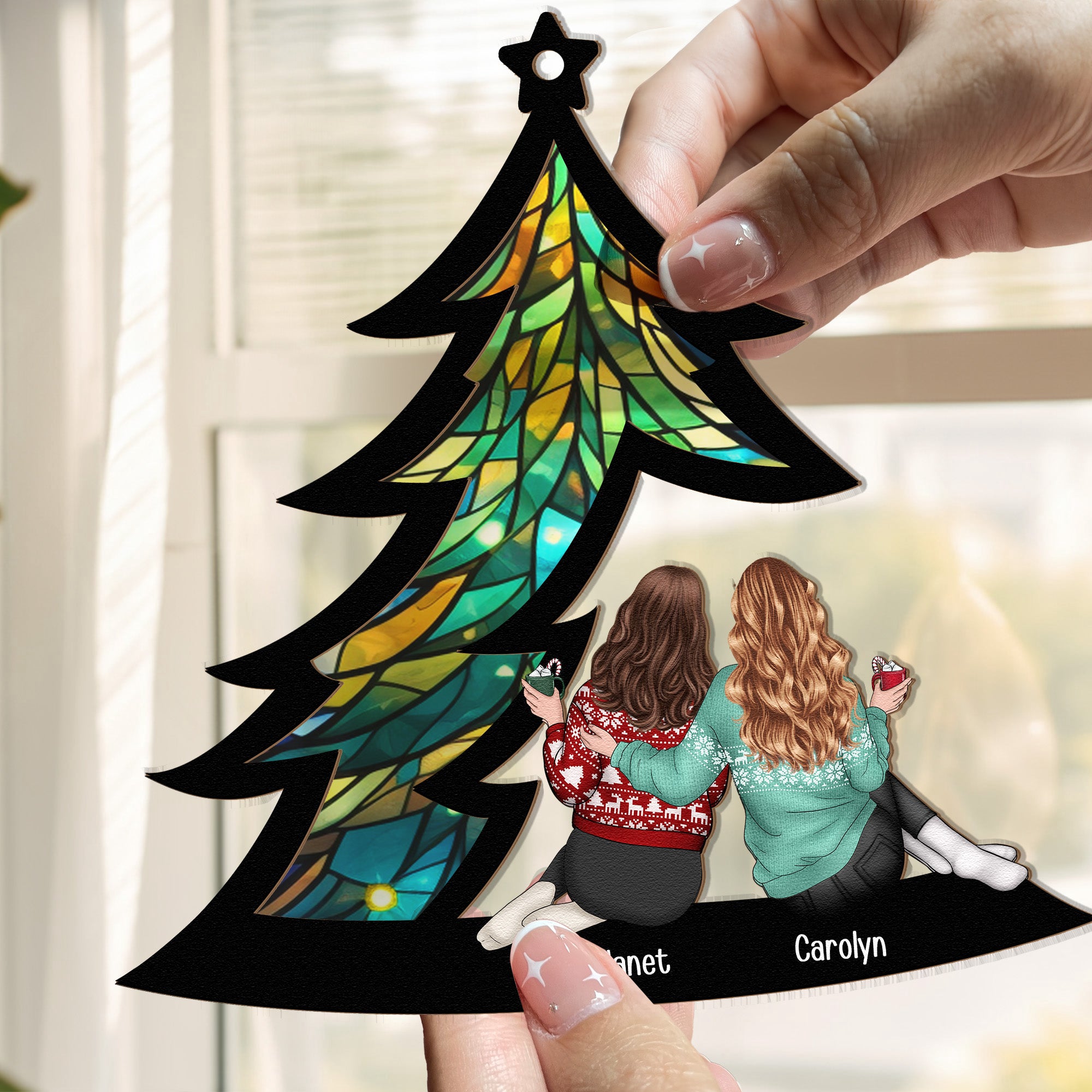 Friends-Sitting-Under-Christmas-Tree-Personalized-Window-Hanging-Suncatcher-Ornament_2