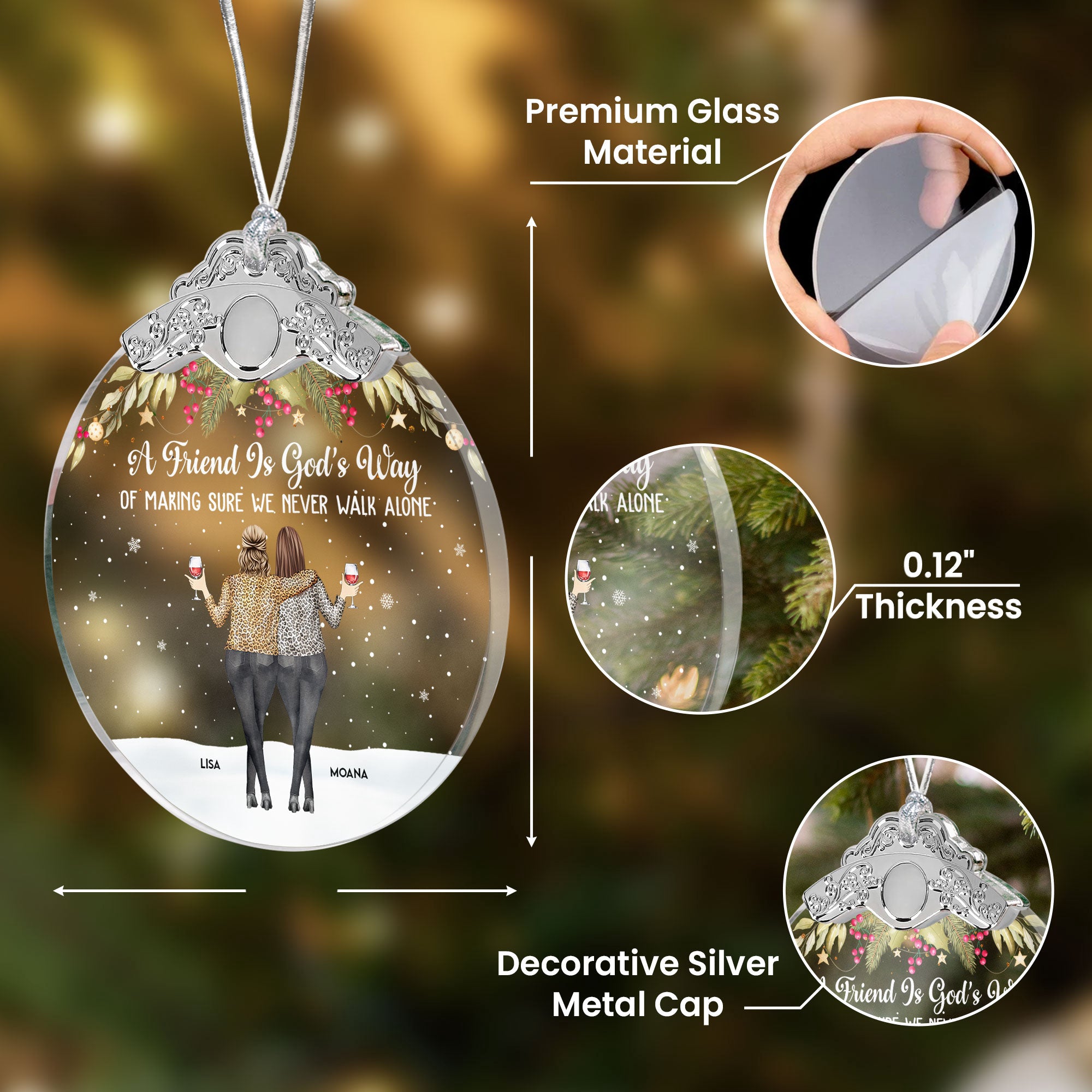 Friends We Never Walk Alone - Personalized Glass Ornament With Silver Cap