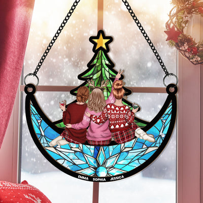 Friends, Family Sitting Under Christmas Tree On The Moon - Personalized Window Hanging Suncatcher Ornament