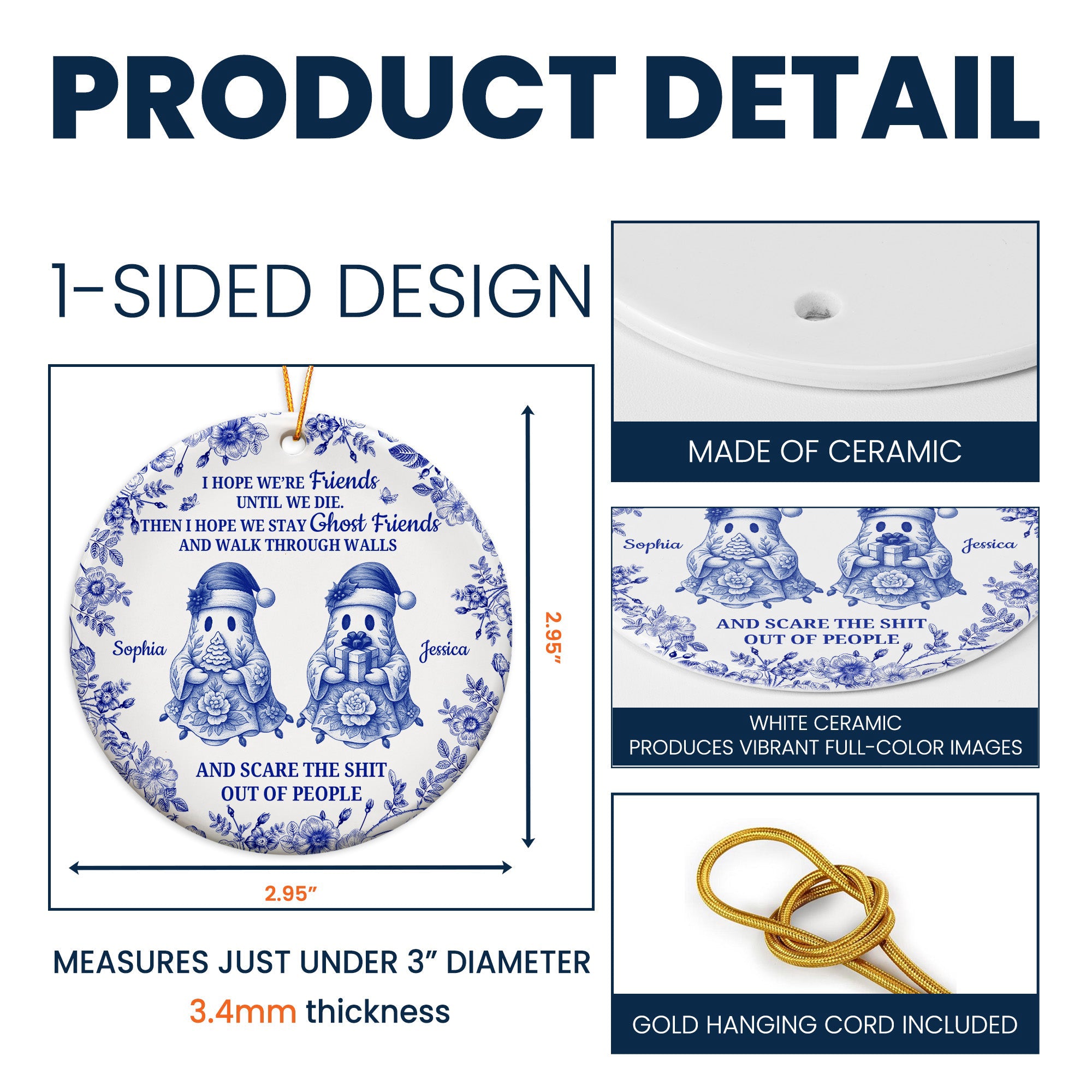 Friendship Gift Christmas Toile De Jouy Ornament - Personalized Ceramic Ornament