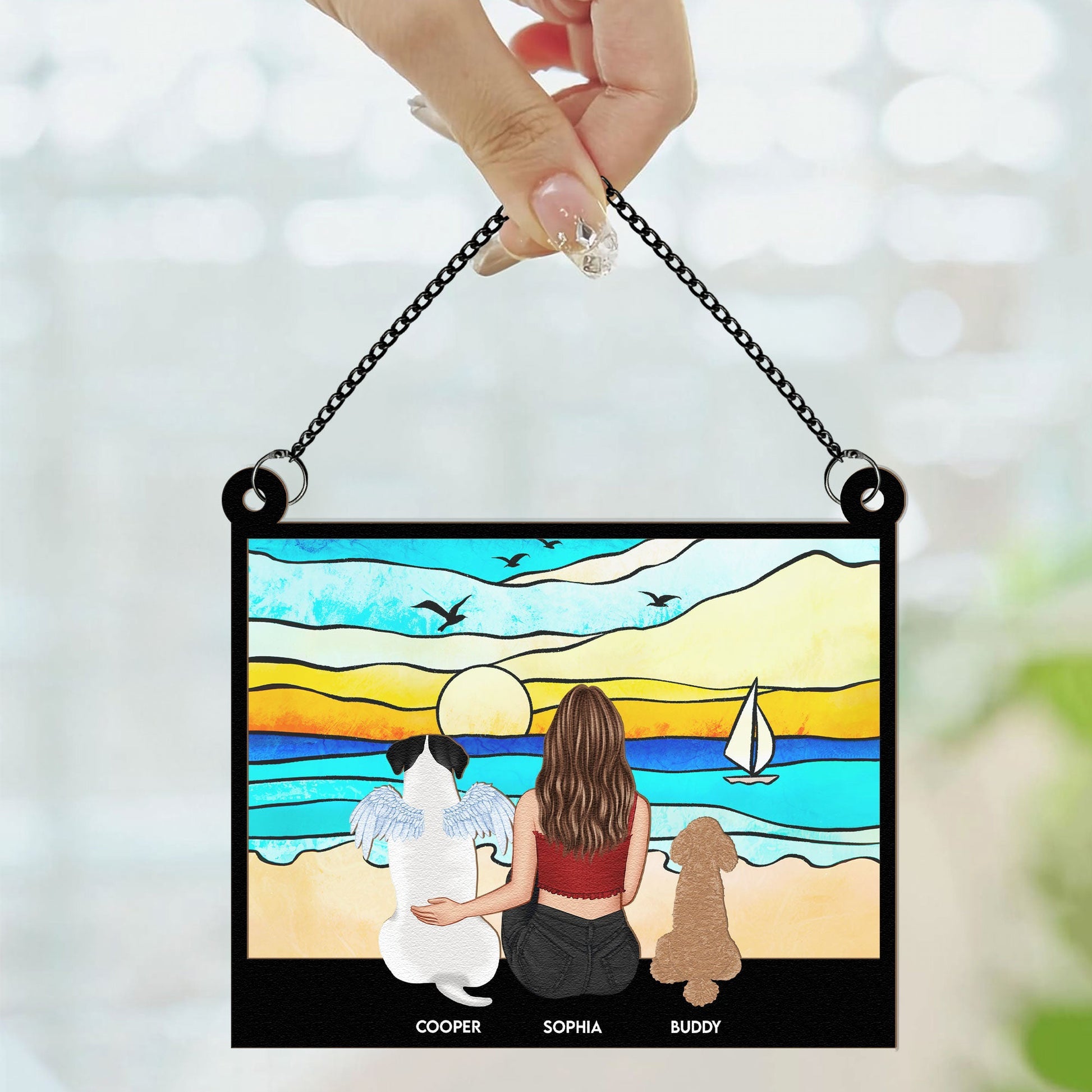 Girl-And-Her-Dog-On-The-Beach-Personalized-Window-Hanging-Suncatcher-Ornament_2
