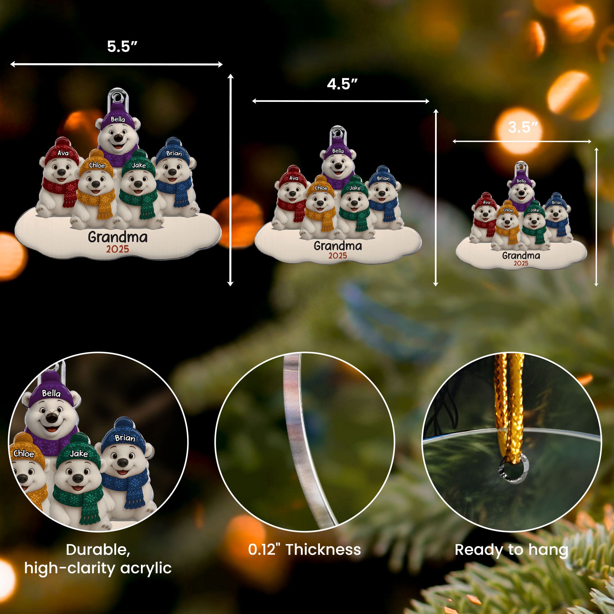 Grandma Bear With Grandkids - Personalized Acrylic Ornament