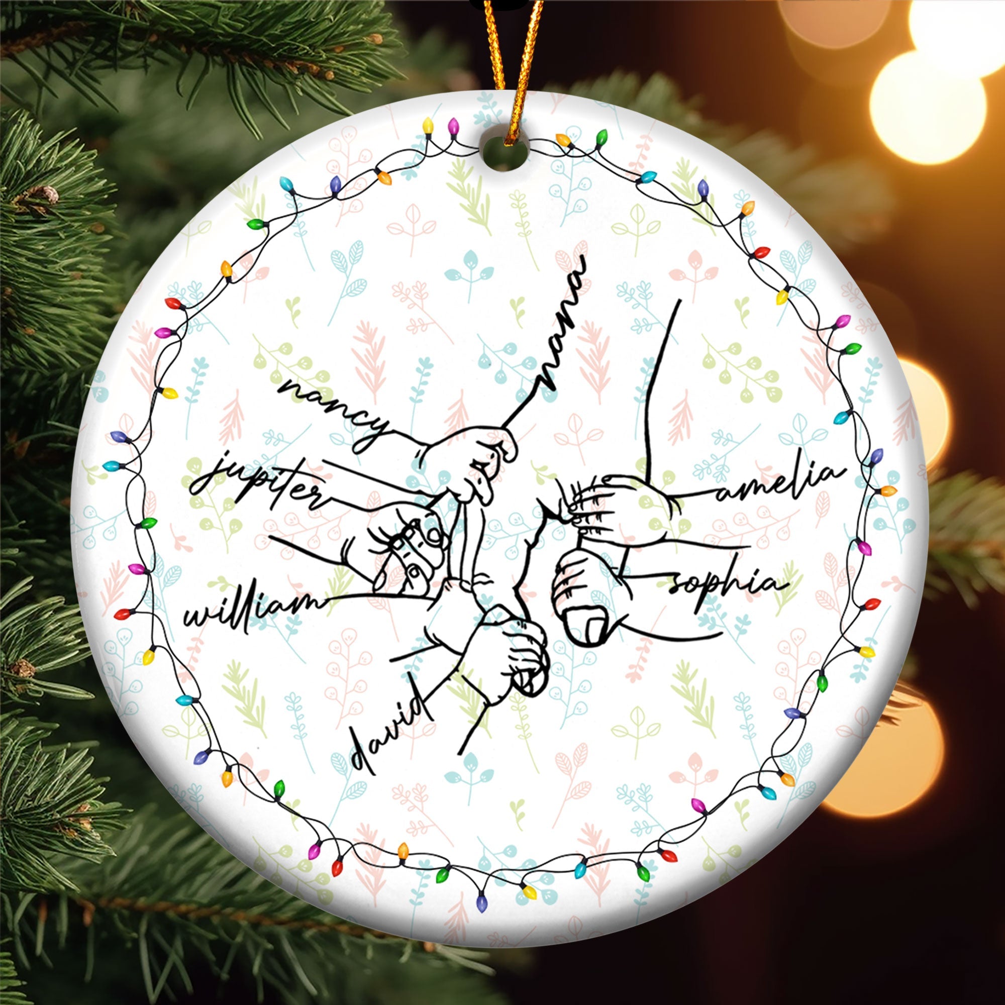 Grandma Hand Grandkids Name Christmas Light - Personalized Ceramic Ornament