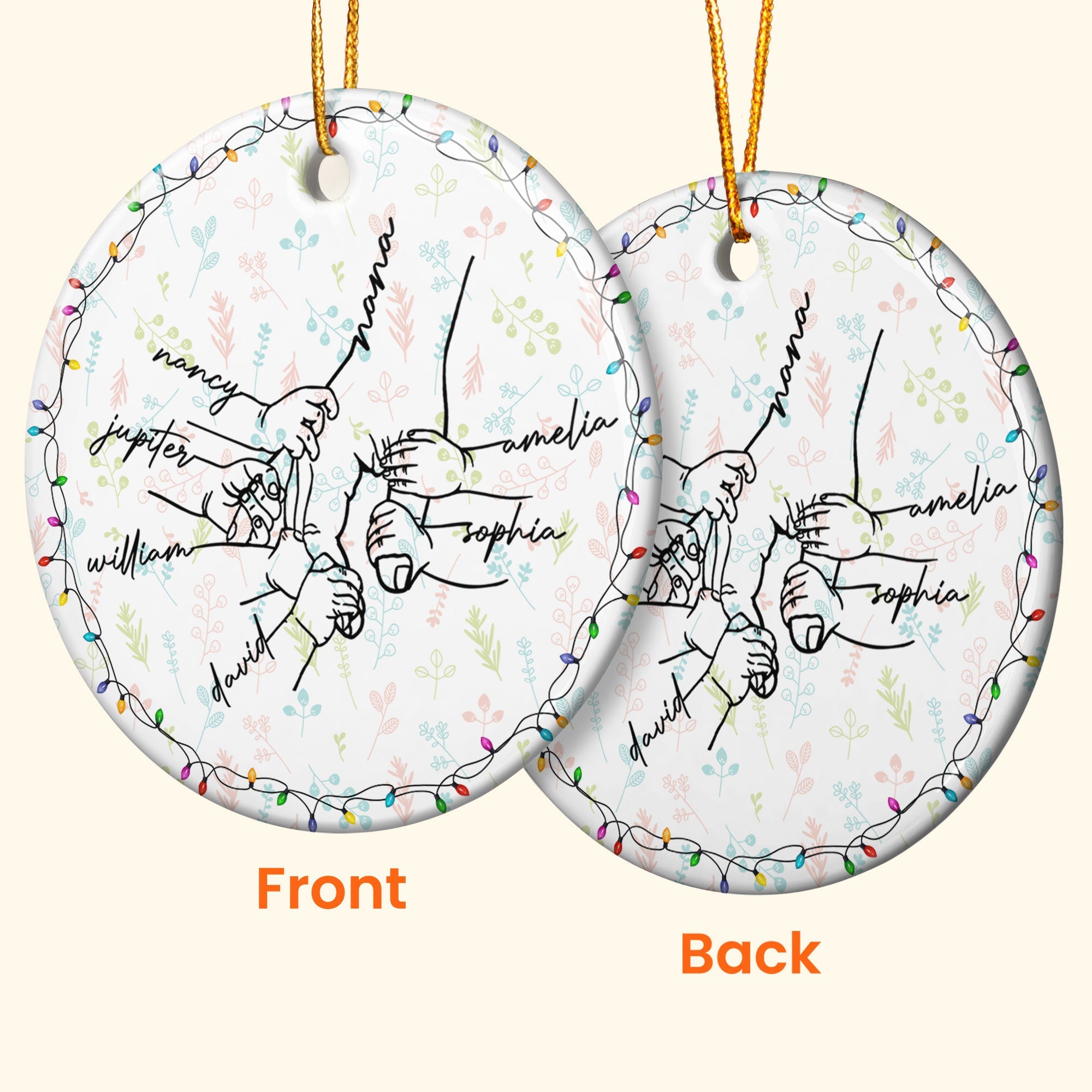 Grandma Hand Grandkids Name Christmas Light - Personalized Ceramic Ornament