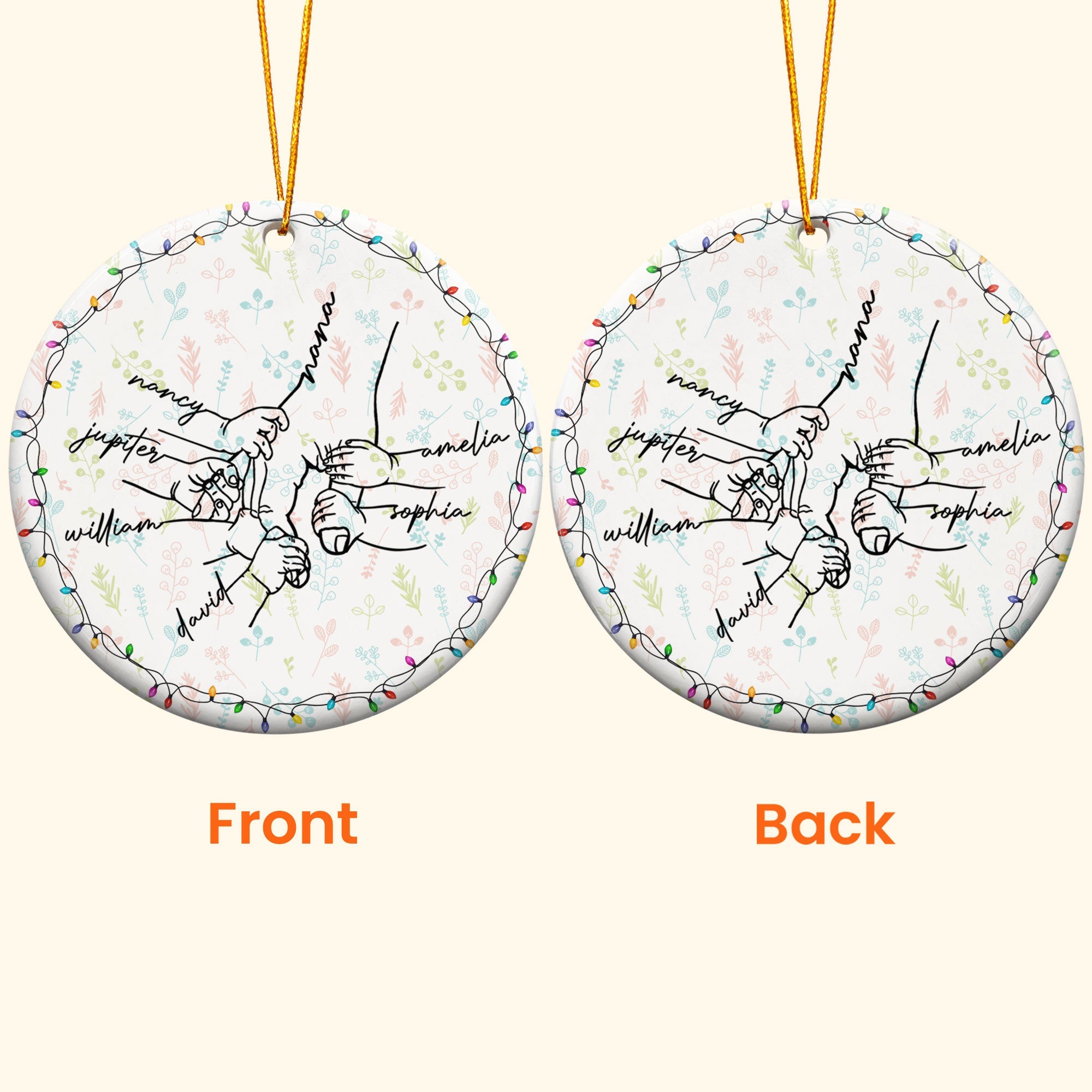 Grandma Hand Grandkids Name Christmas Light - Personalized Ceramic Ornament