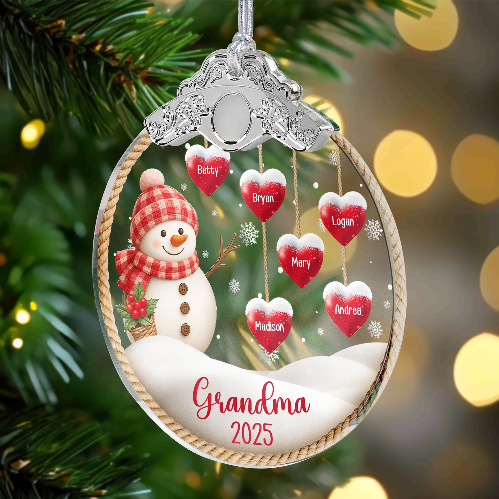 Grandma Snowman Christmas - Personalized Glass Ornament With Silver Cap